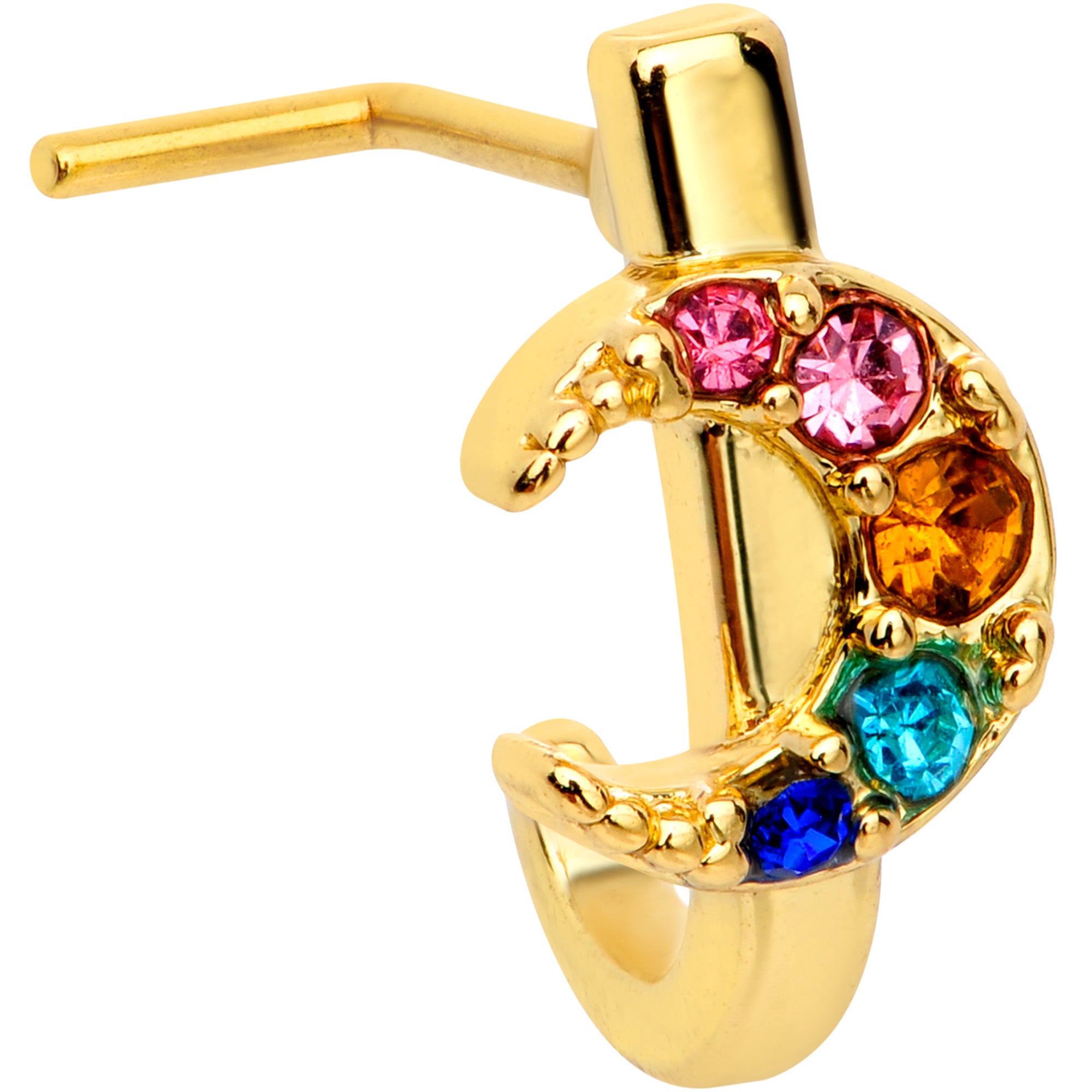 20G 7mm Rainbow Gem Gold Tone Crescent Moon L Shape Nose Ring