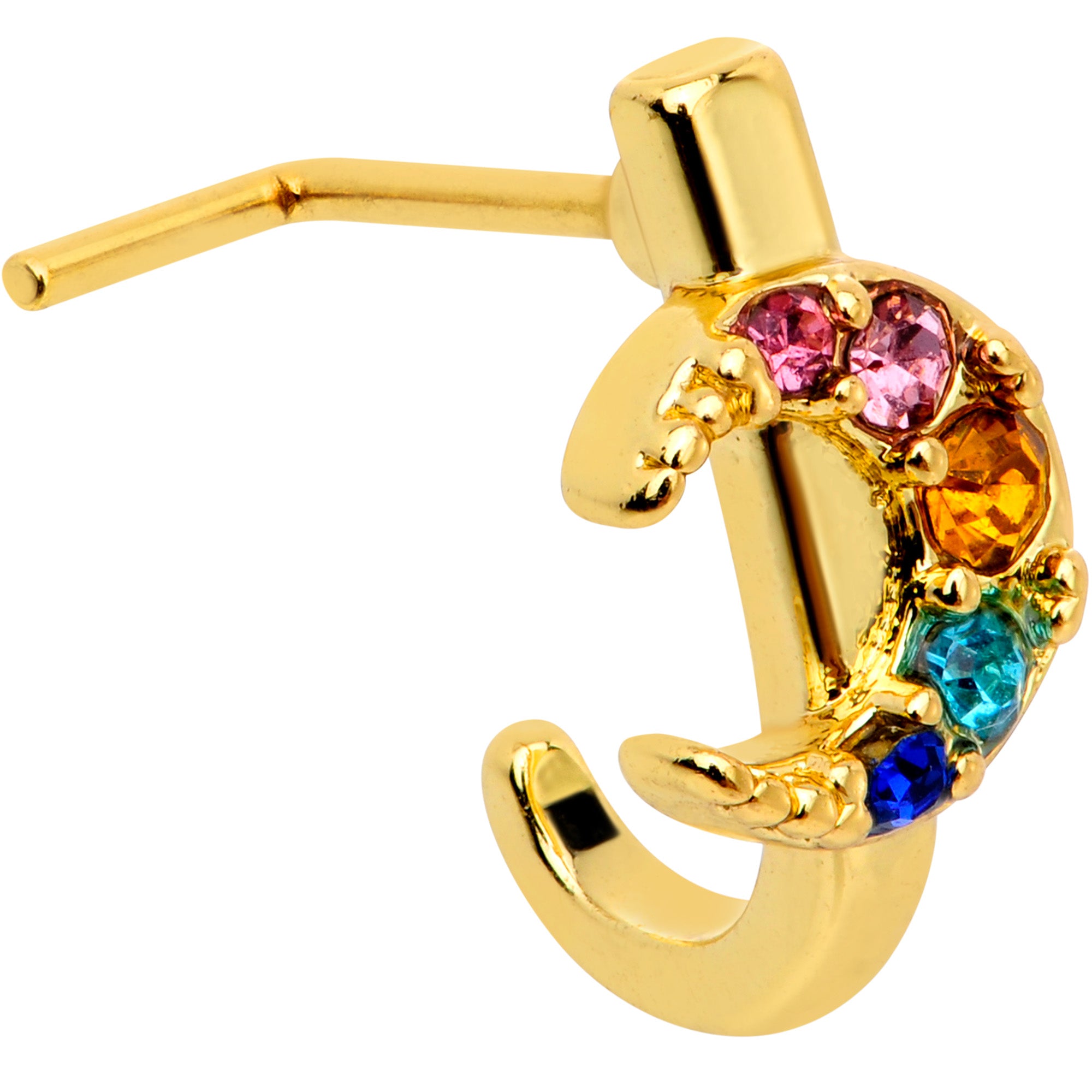 20G 7mm Rainbow Gem Gold Tone Crescent Moon L Shape Nose Ring