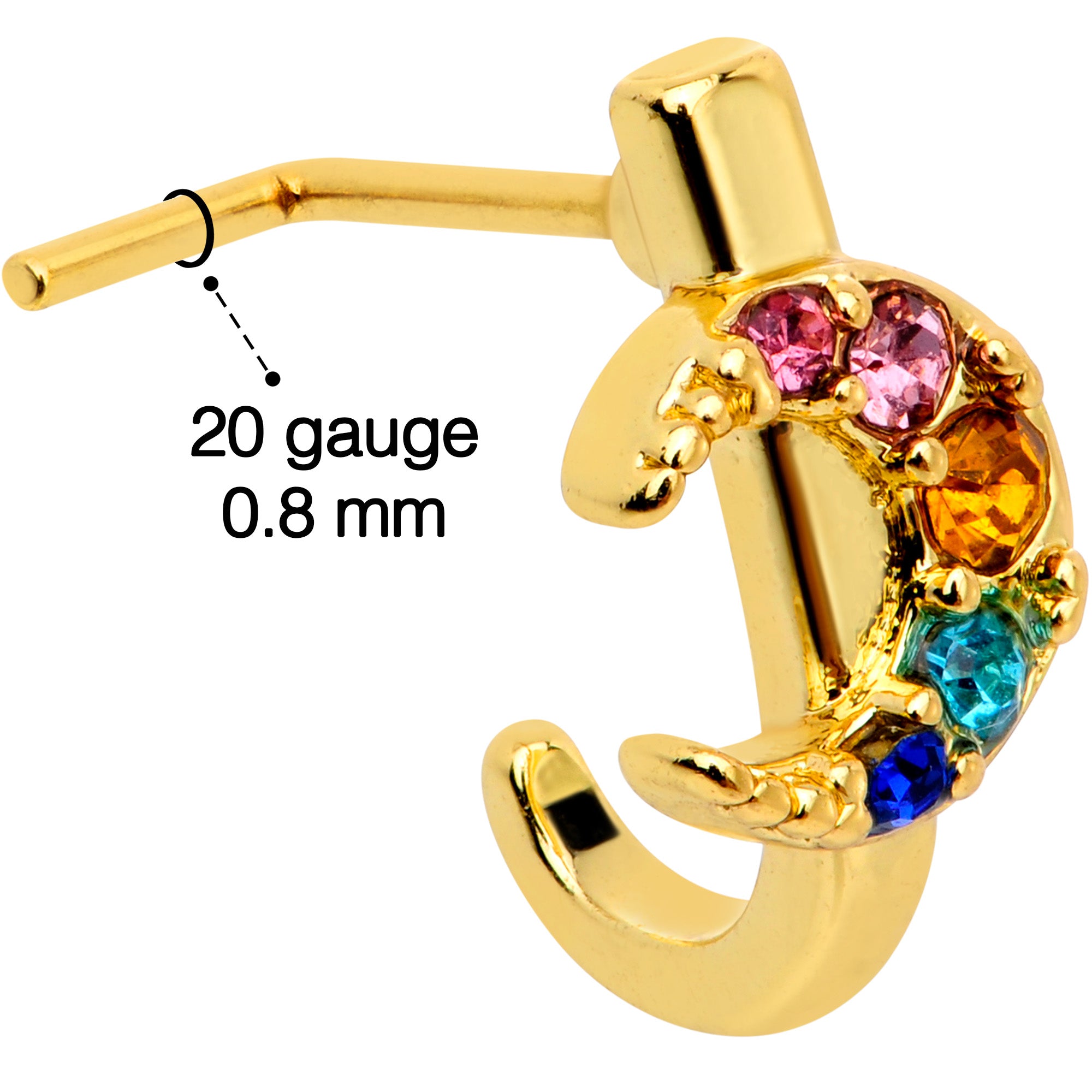 20G 7mm Rainbow Gem Gold Tone Crescent Moon L Shape Nose Ring