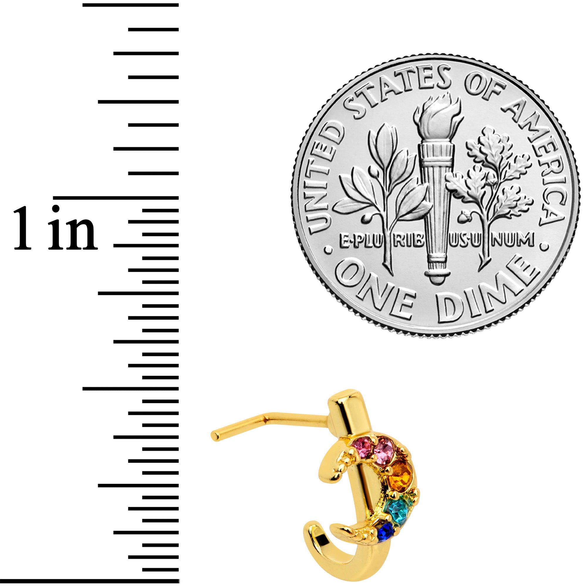 20G 7mm Rainbow Gem Gold Tone Crescent Moon L Shape Nose Ring