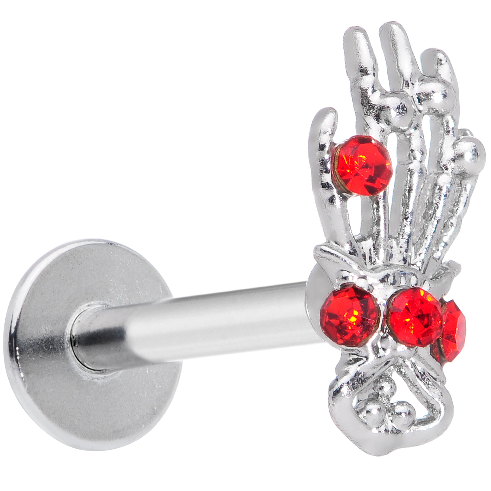 16G 5/16 Red Gem Skeleton Hand Halloween Labret Monroe Tragus