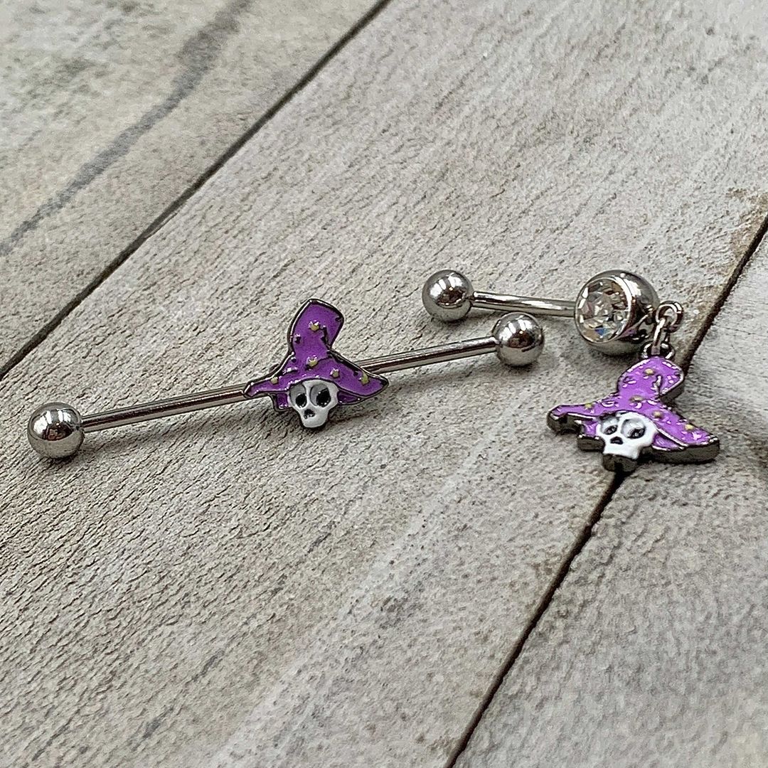 14G Skull Purple Witch Hat Halloween Industrial Barbell 38mm