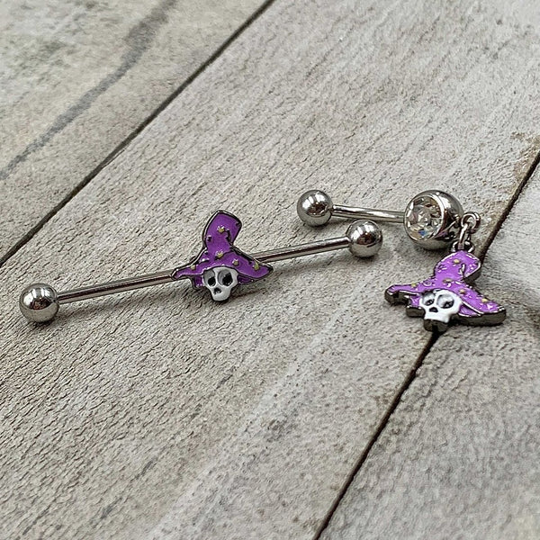 Clear Gem Skull Purple Witch Hat Halloween Dangle Belly Ring