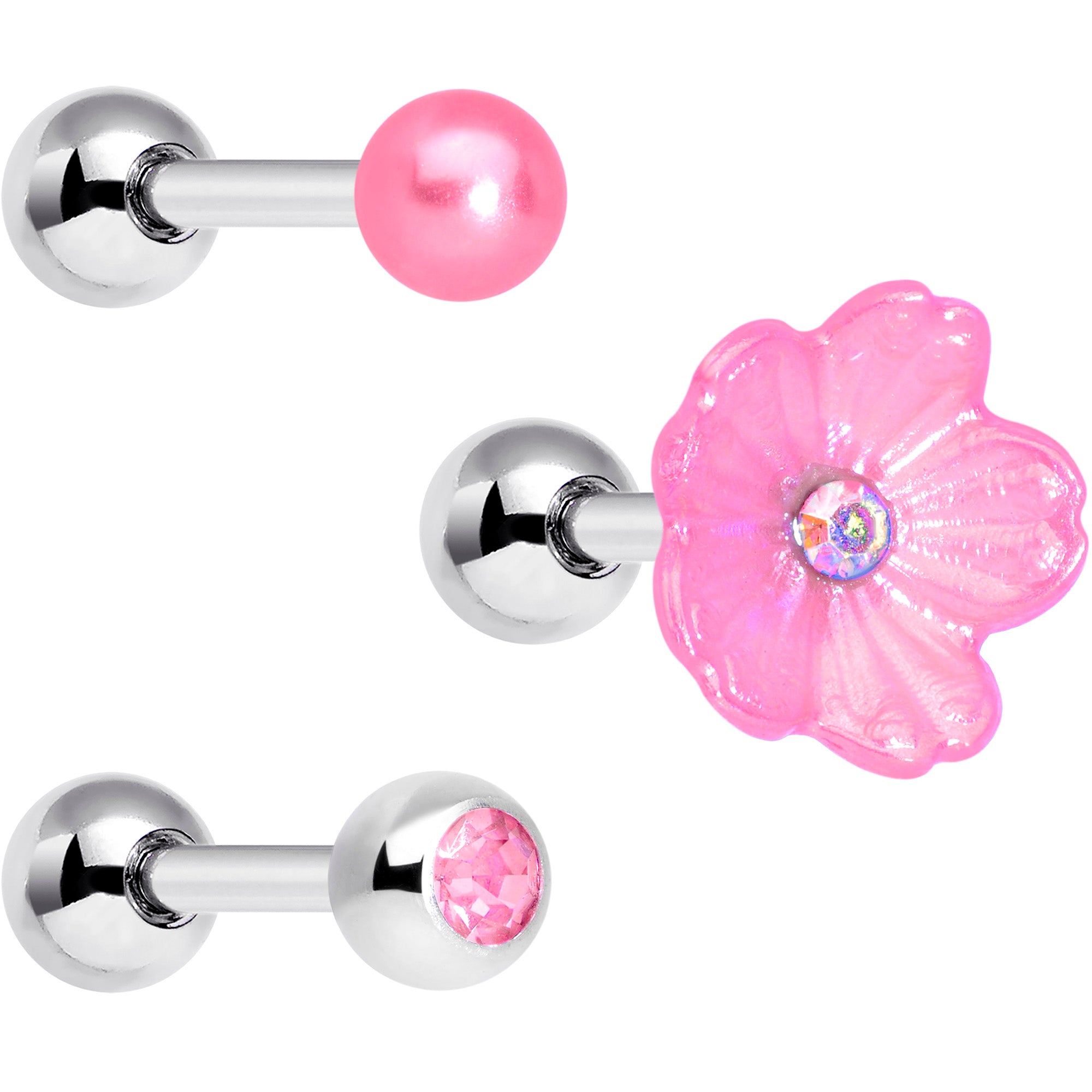 16G 1/4 Pink Aurora Gem Flower Cartilage Tragus Earring Set of 3