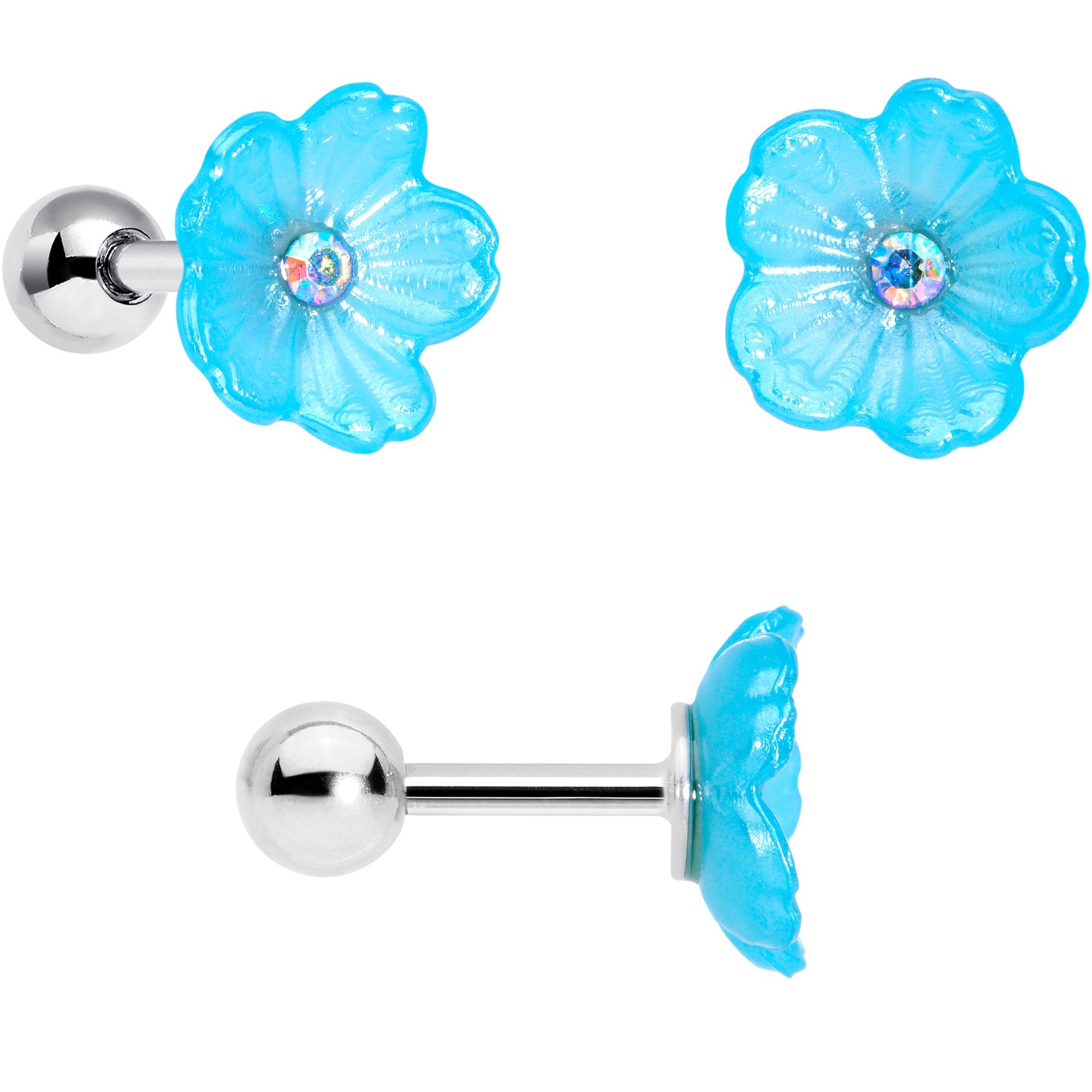 16G 1/4 Aqua Aurora Gem Flower Cartilage Tragus Earring Set of 3