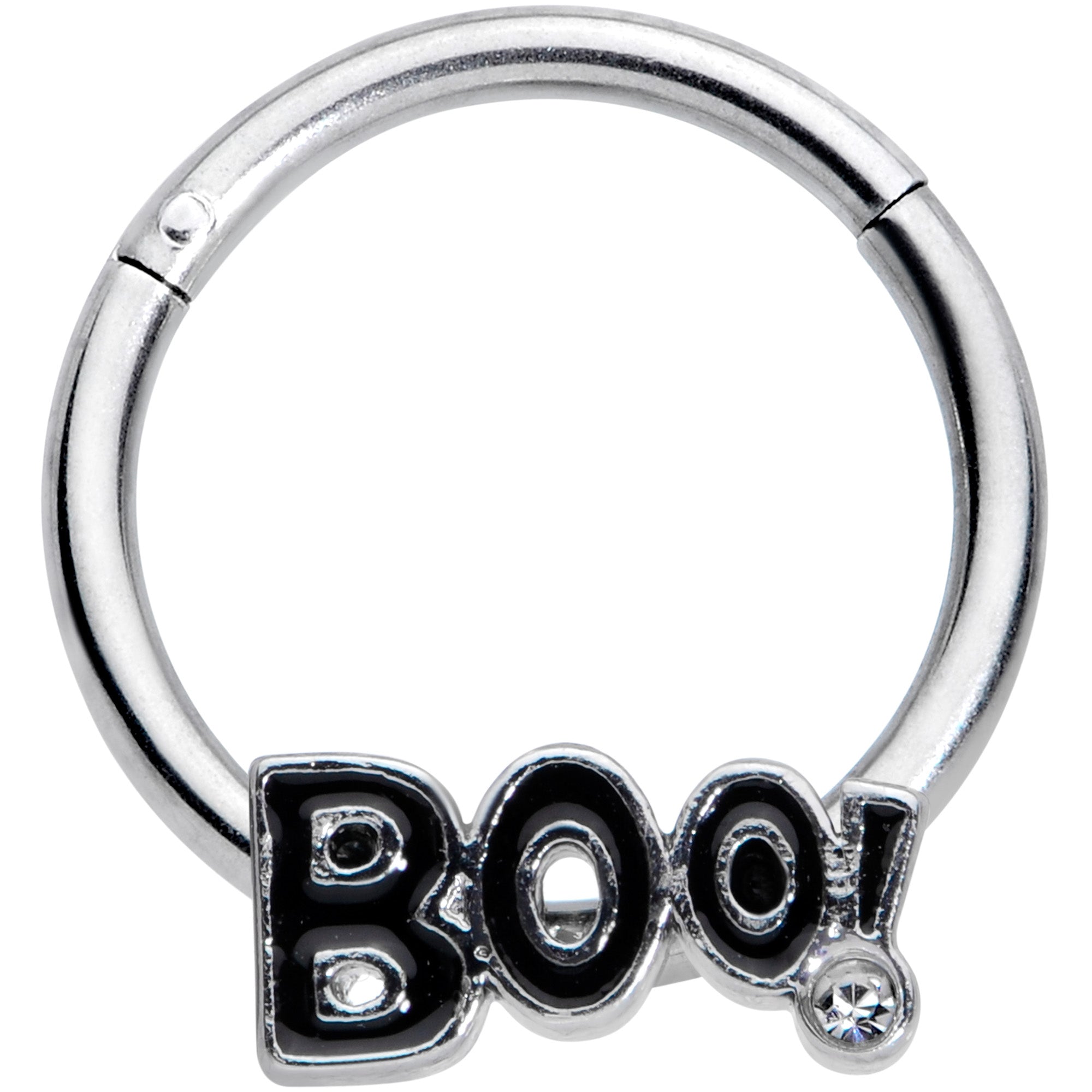 16G 3/8 Clear Gem Black Boo Halloween Hinged Segment Ring