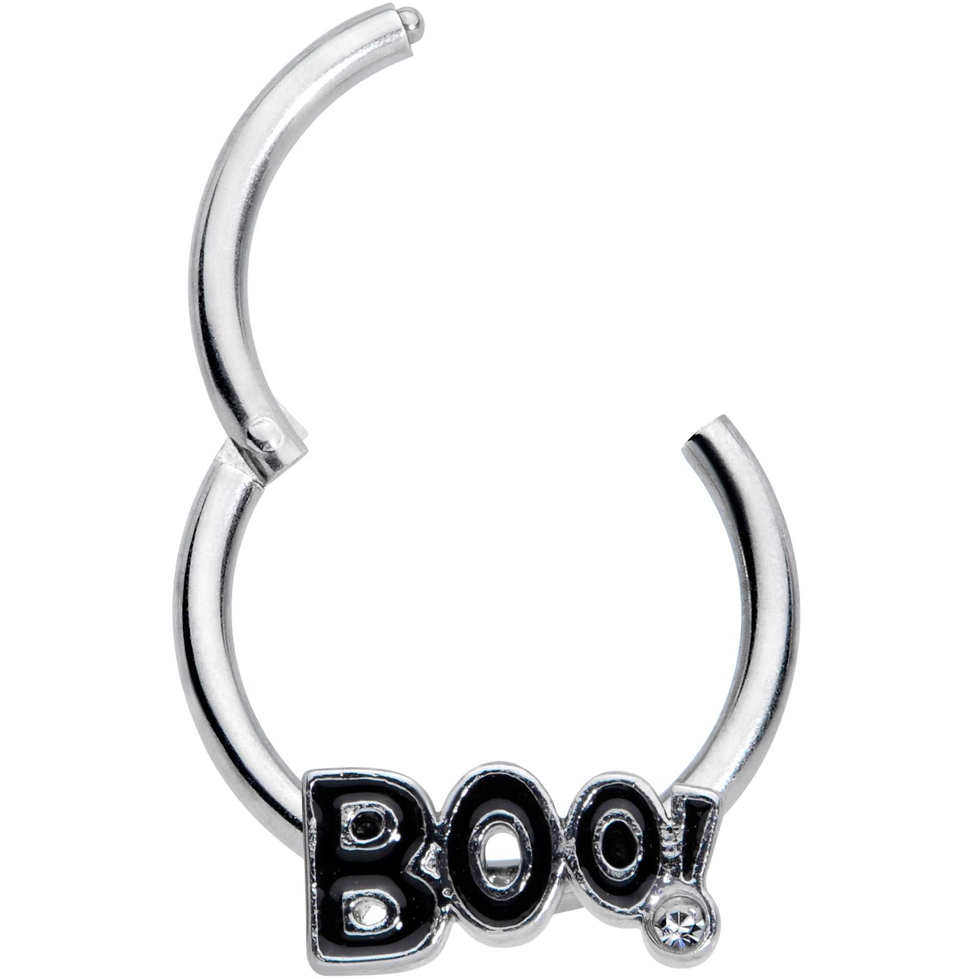 16G 3/8 Clear Gem Black Boo Halloween Hinged Segment Ring