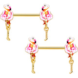 14 Gauge 9/16 Gold Tone Pink Flamingo Dangle Barbell Nipple Ring Set