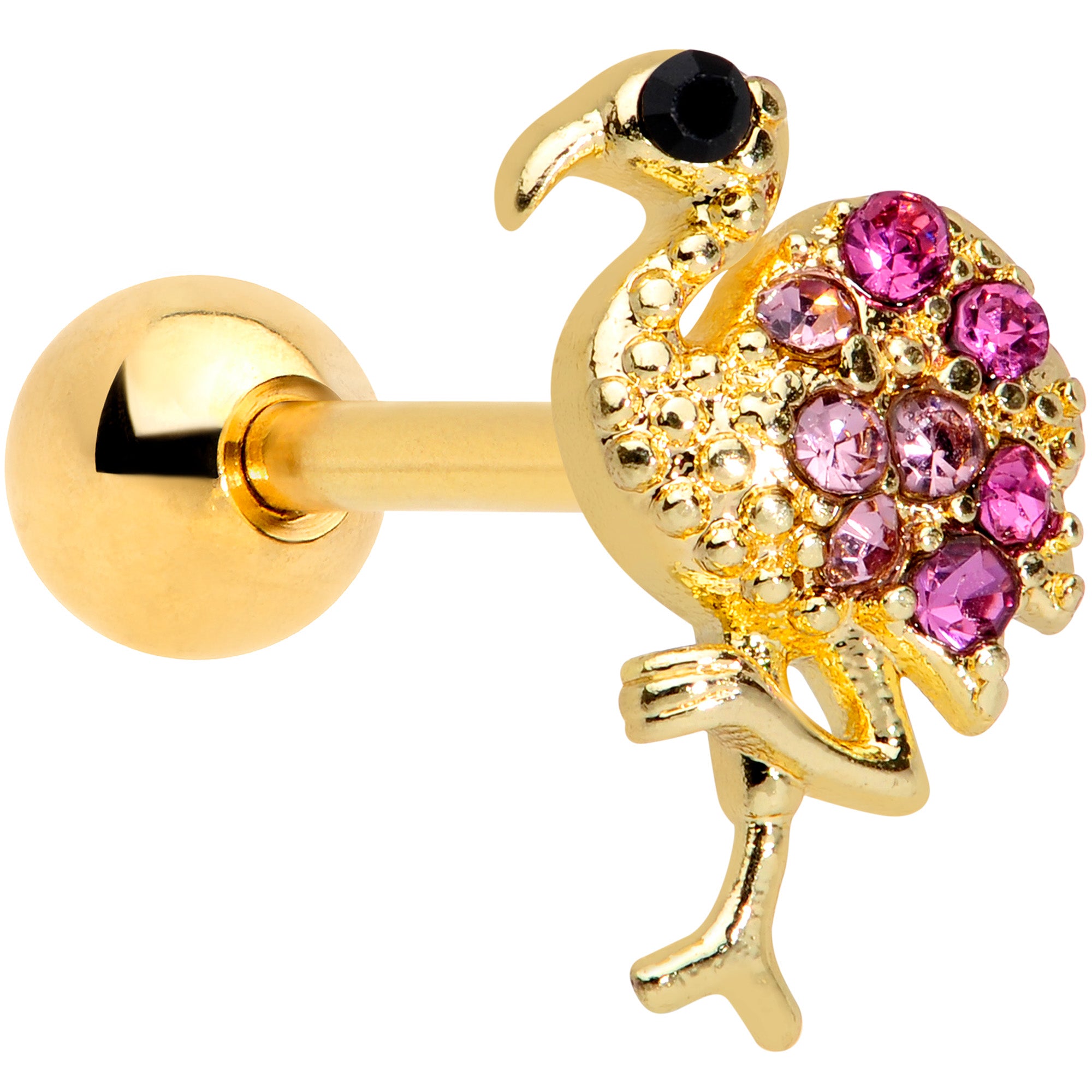 16G 1/4 Pink Gem Gold Tone Fashion Flamingo Cartilage Tragus