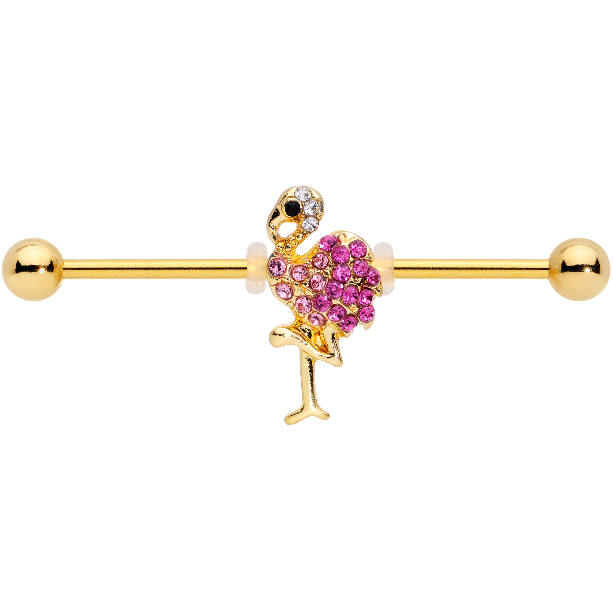 14G Pink Gem Gold Tone Fashion Flamingo Industrial Barbell 38mm