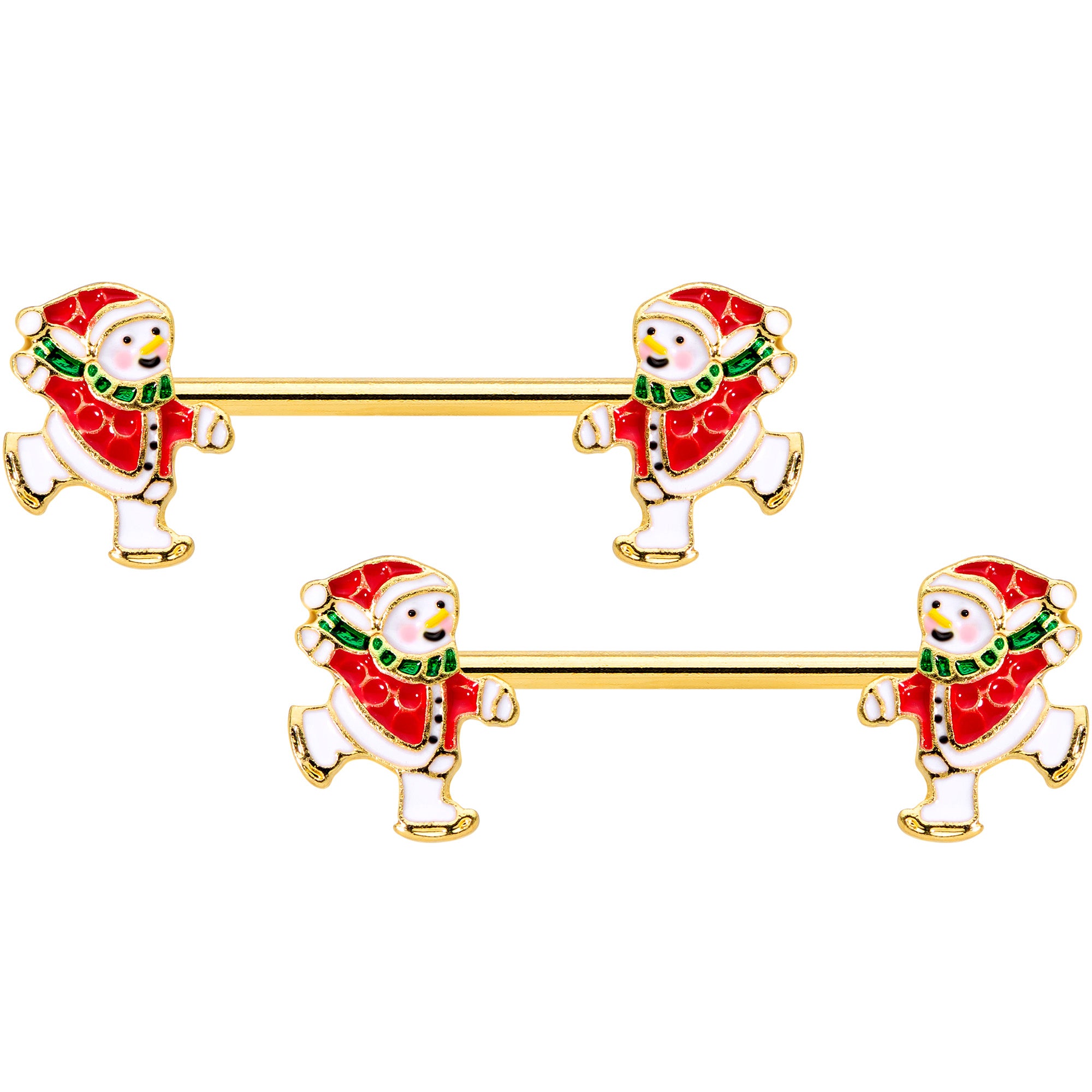 14 Gauge 9/16 Gold Tone Ice Skate Snowman Christmas Nipple Ring Set