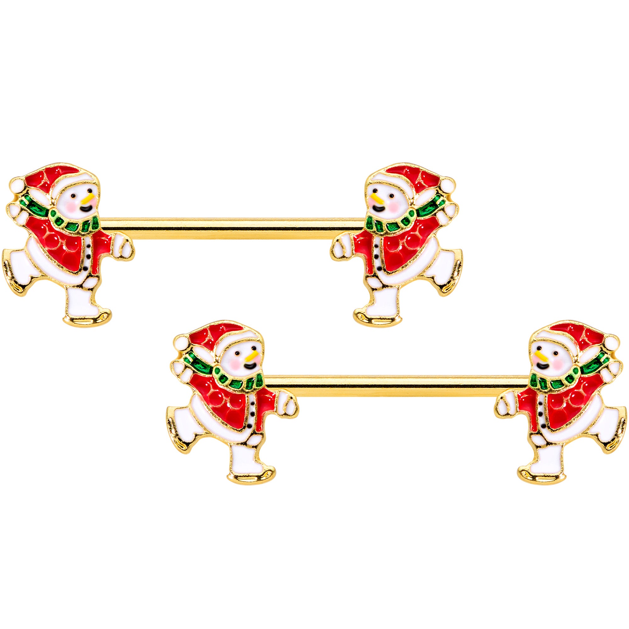 14G 9/16 Gold Tone Ice Skate Snowman Christmas Nipple Ring Set