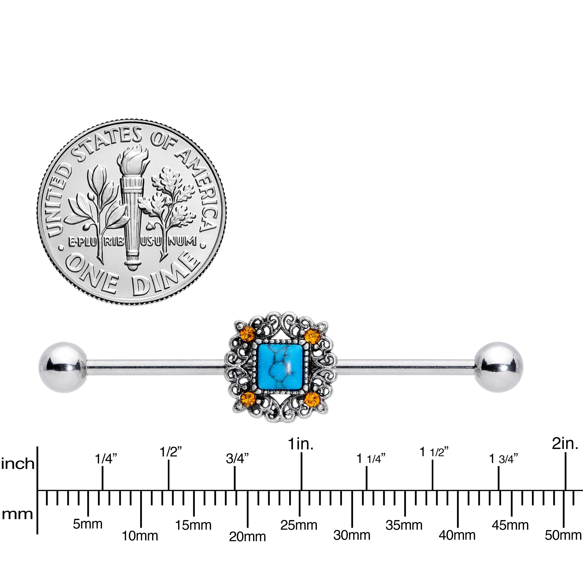 14G Yellow Gem Blue Faux Turquoise Square Industrial Barbell 38mm