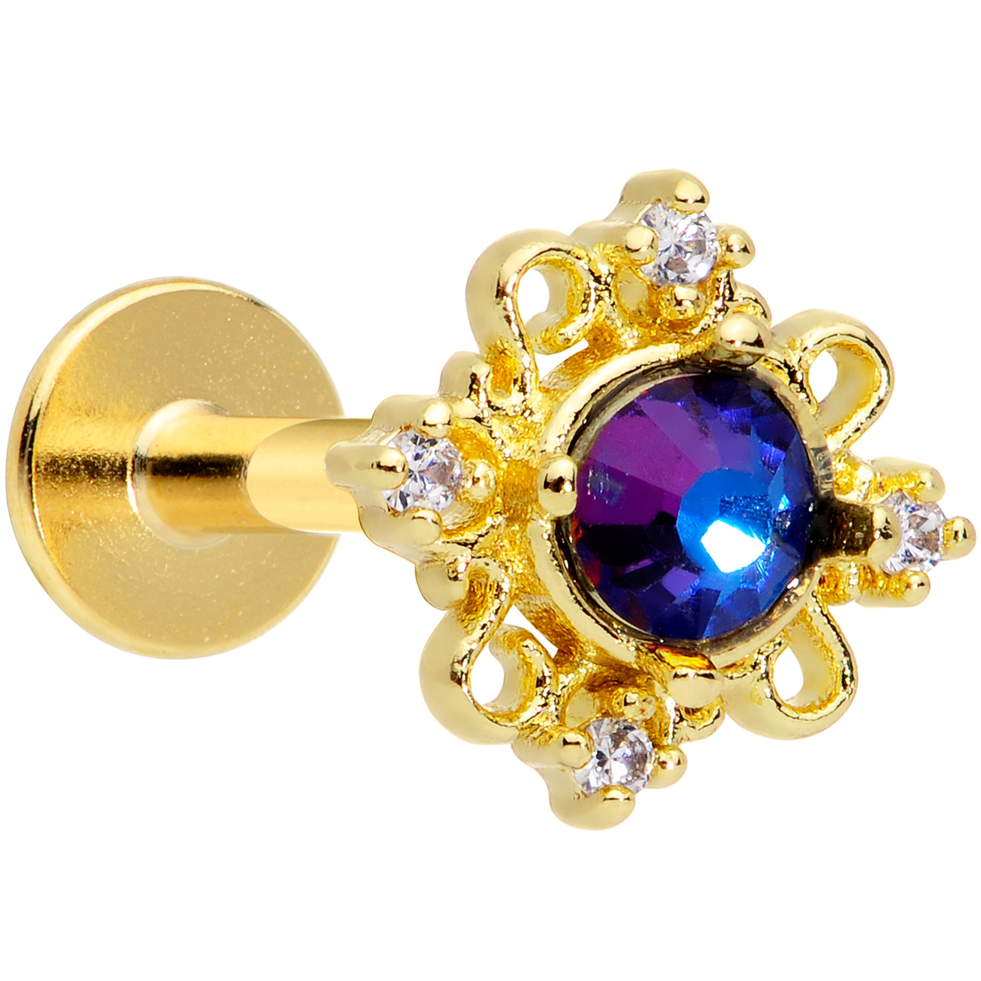 16G 5/16 Purple Tourmaline Gold Tone Filigree Labret Tragus