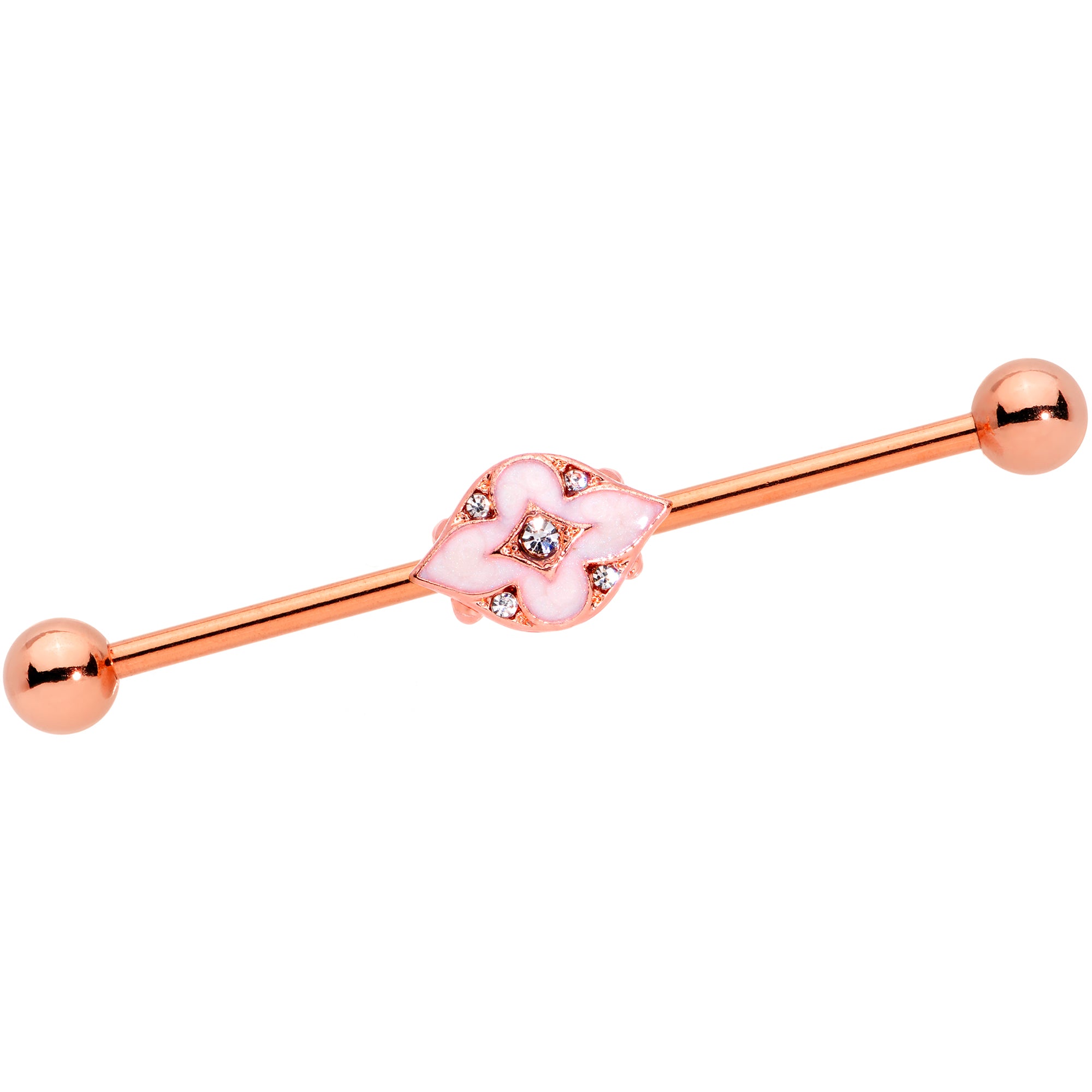14G Clear Gem Rose Gold Tone Pink Cross Industrial Barbell 38mm