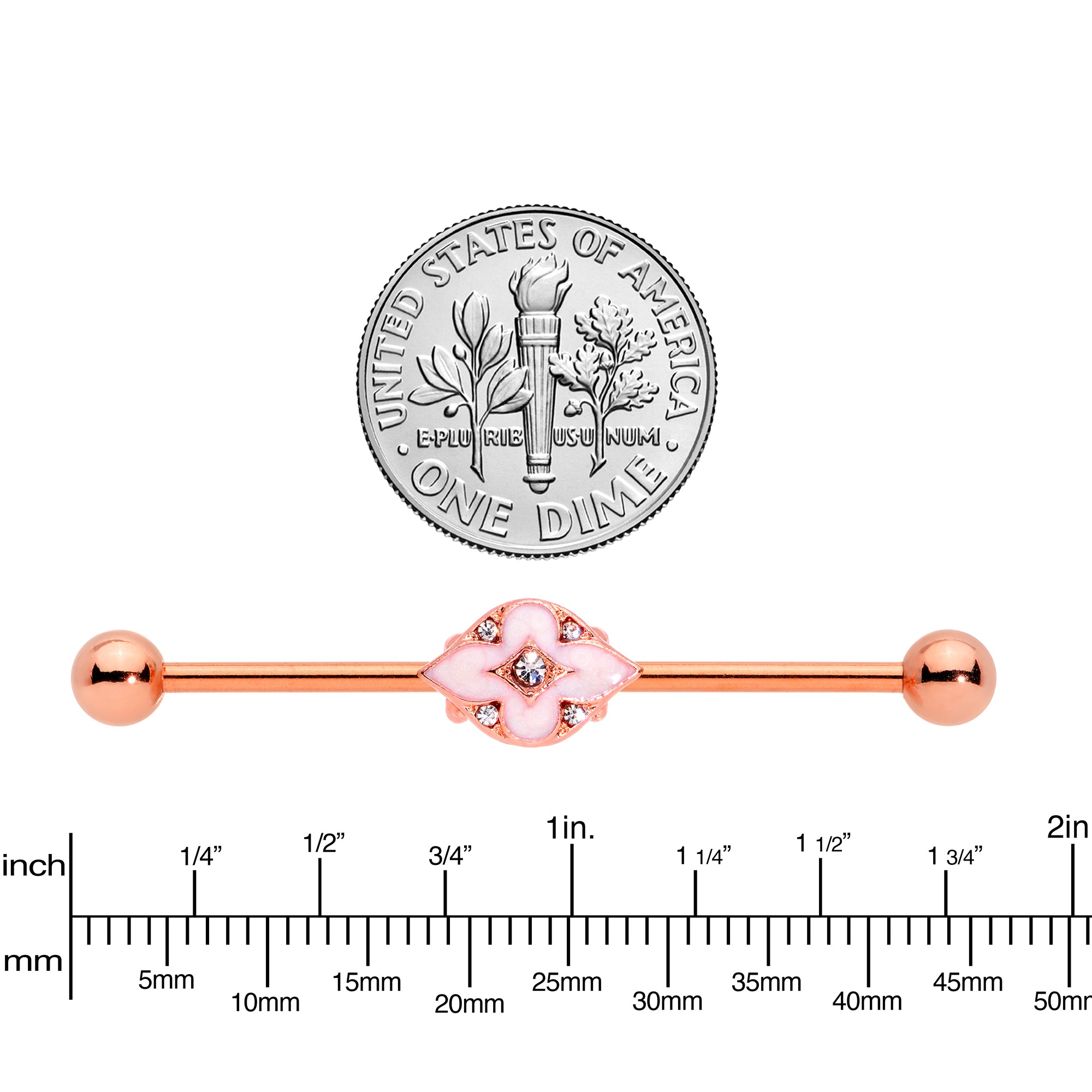 14G Clear Gem Rose Gold Tone Pink Cross Industrial Barbell 38mm