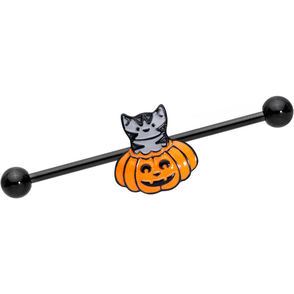 14 Gauge Black Tabby Cat Pumpkin Halloween Industrial Barbell 38mm