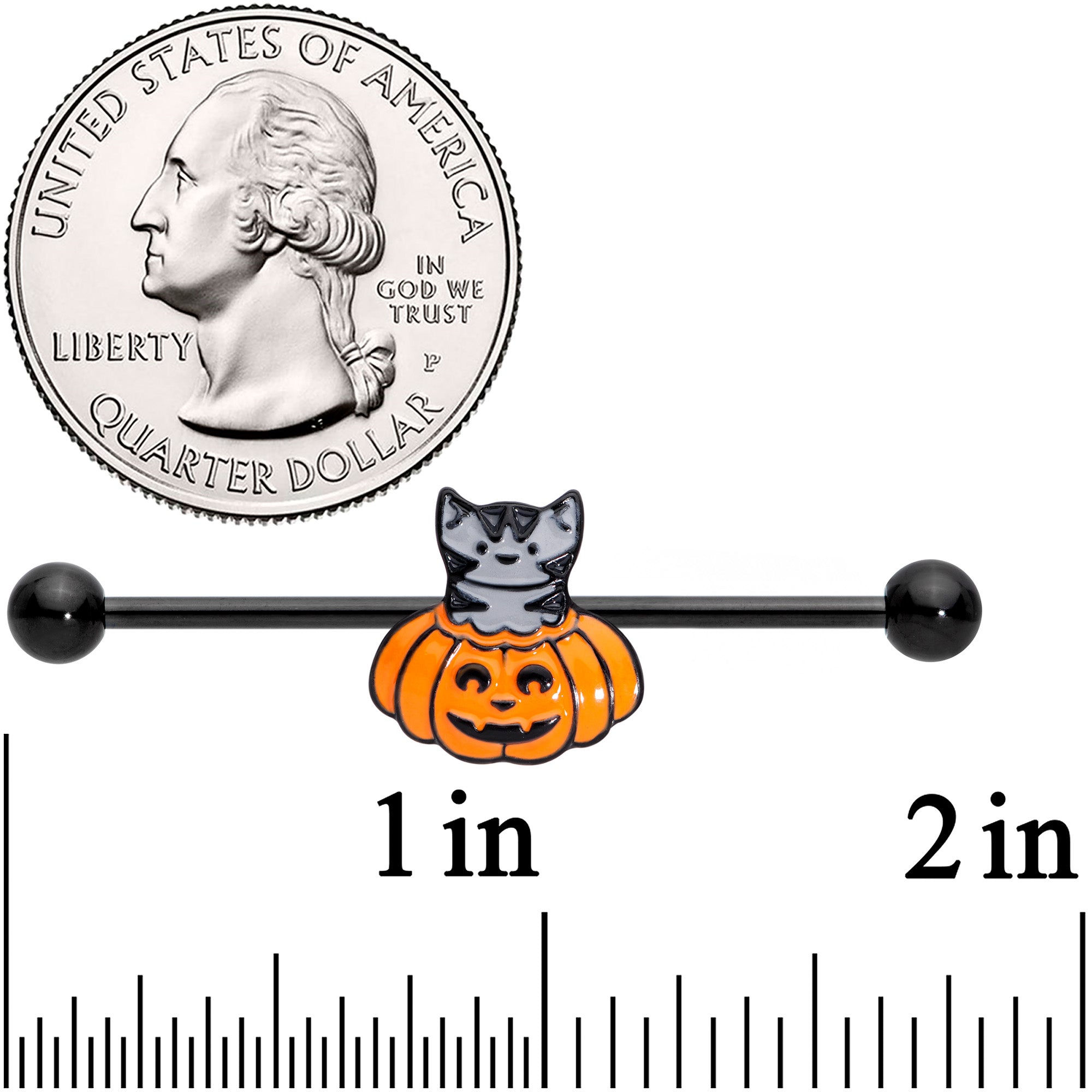 14G Black Tabby Cat Pumpkin Halloween Industrial Barbell 38mm