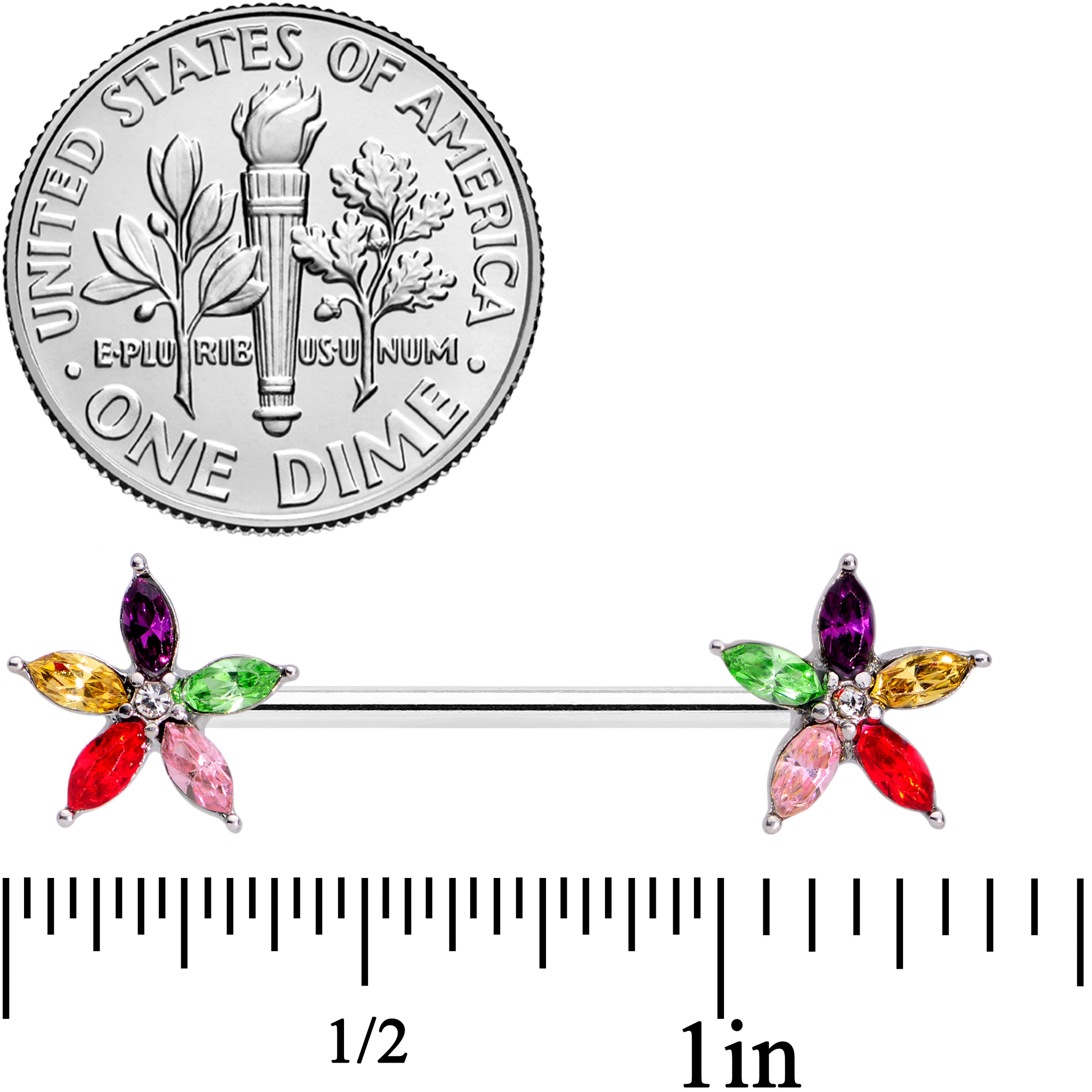 14G 9/16 Rainbow Gem Starry Flower Barbell Nipple Ring Set