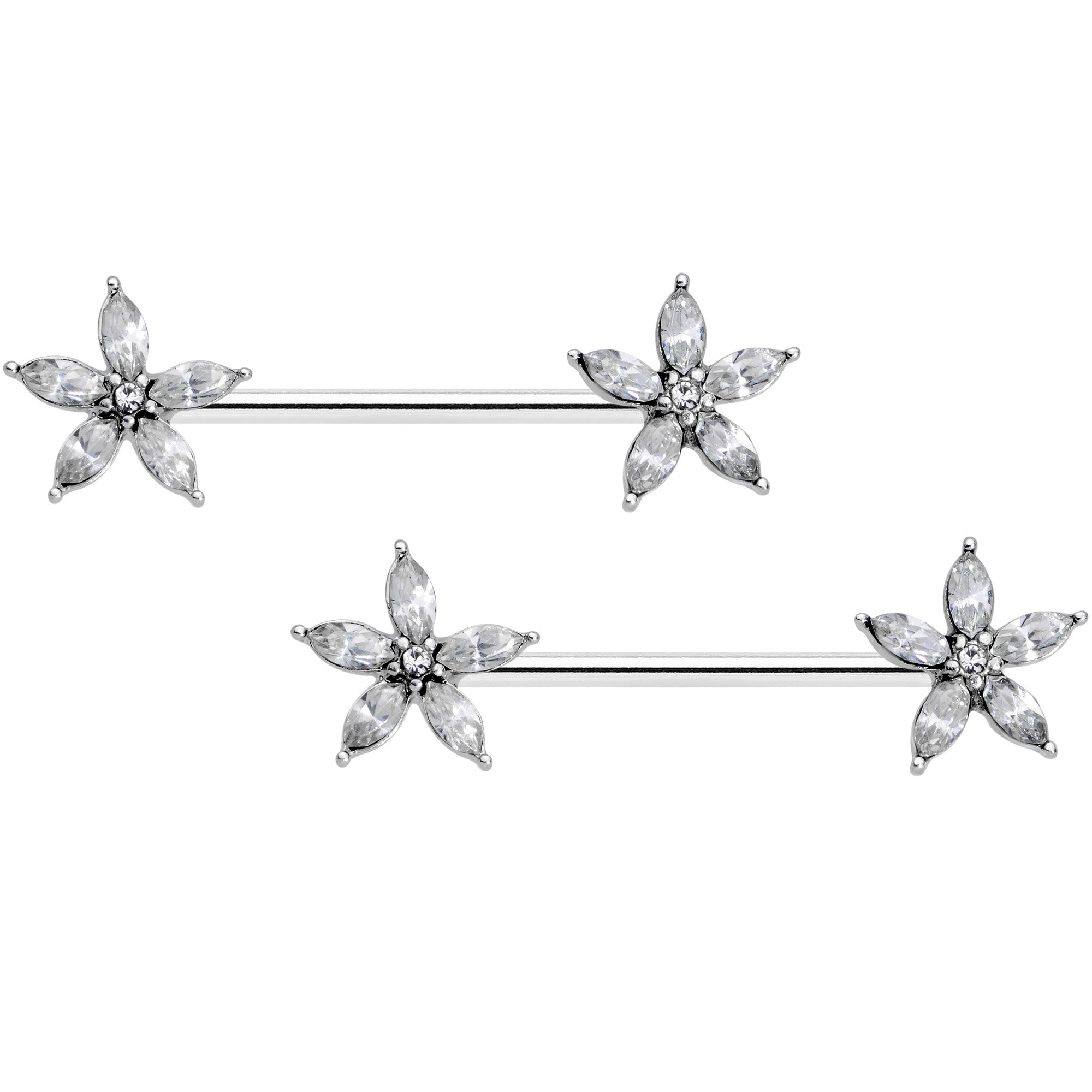 14G 9/16 Clear Gem Starry Flower Barbell Nipple Ring Set