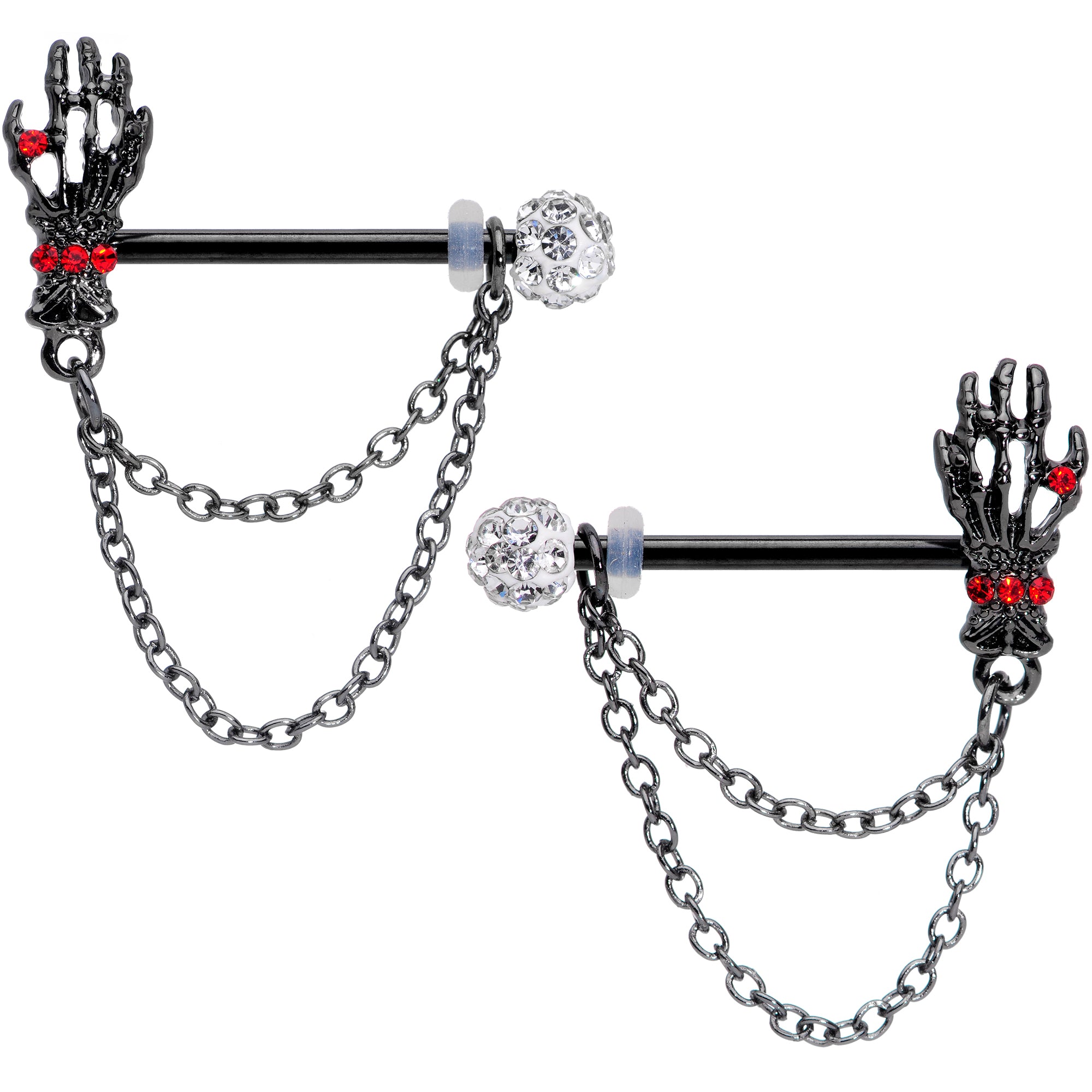 14G 9/16 Red Gem Skeleton Hands Black Halloween Nipple Ring Set