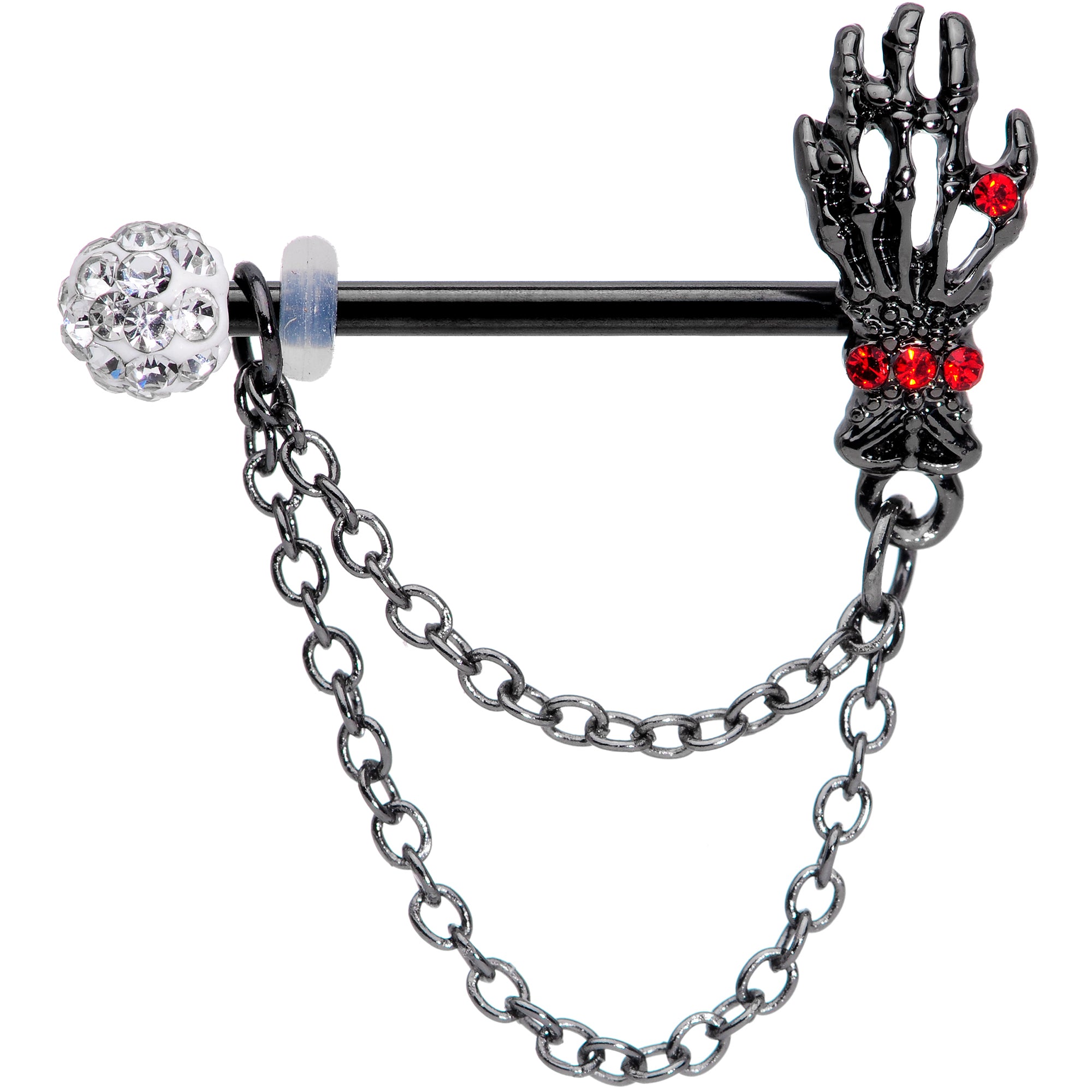 14G 9/16 Red Gem Skeleton Hands Black Halloween Nipple Ring Set