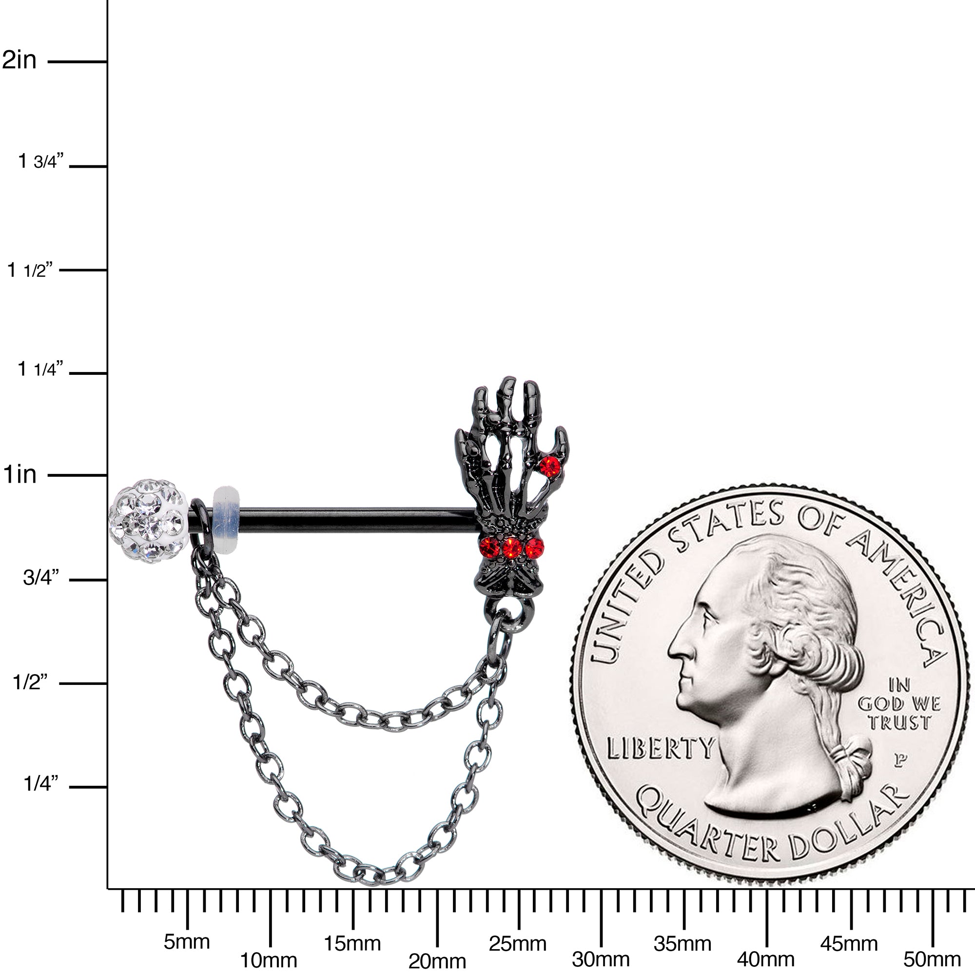 14G 9/16 Red Gem Skeleton Hands Black Halloween Nipple Ring Set
