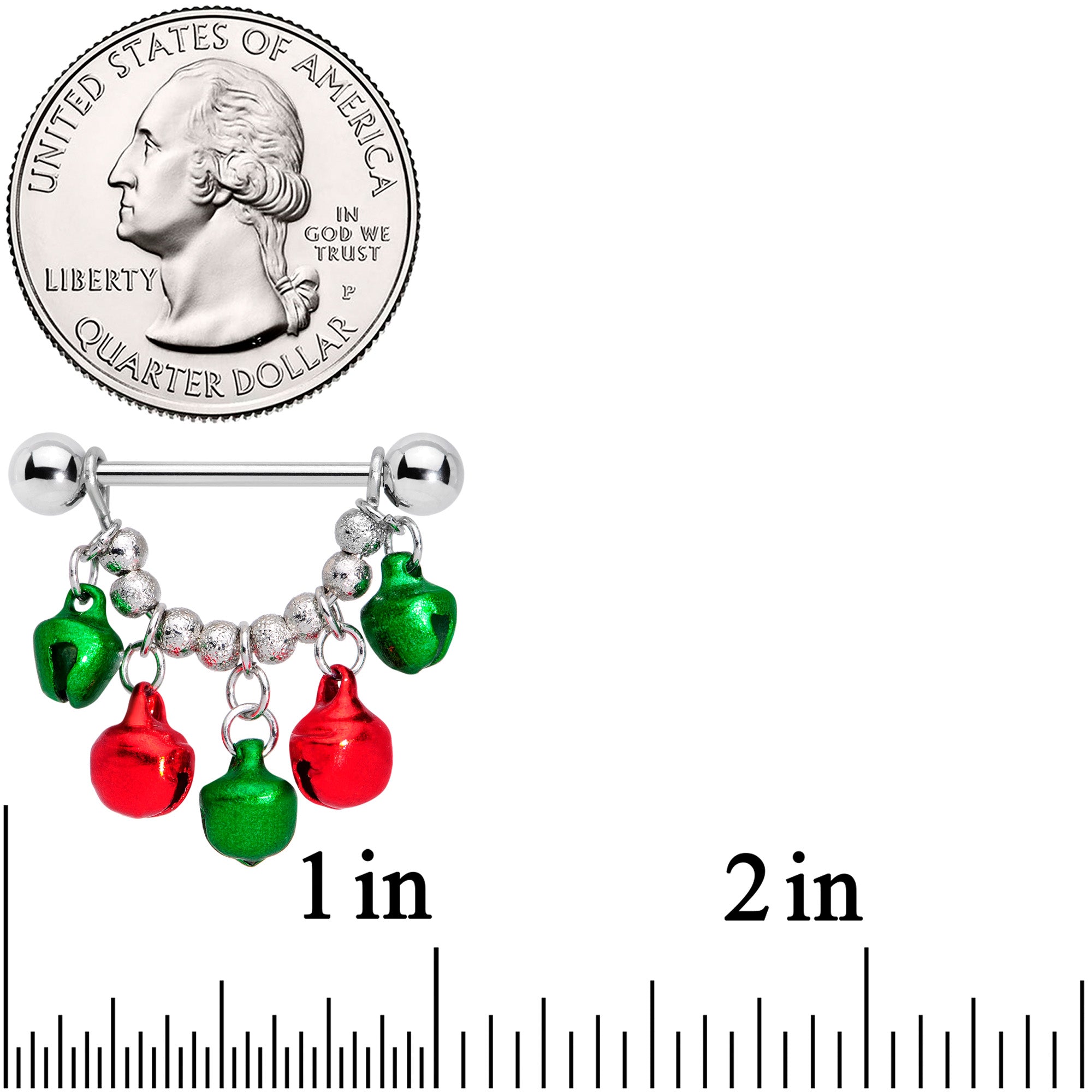 14 Gauge 5/8 Green Red Green Bell Christmas Dangle Nipple Ring Set
