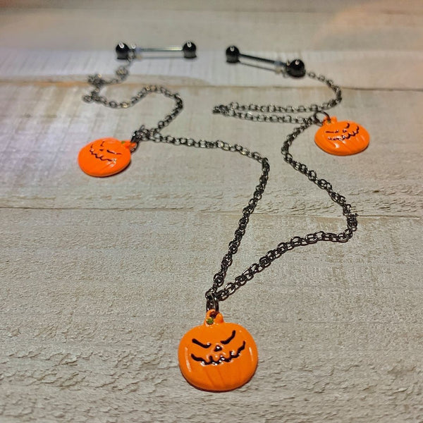 14 Gauge 9/16 Black Orange Pumpkin Halloween Dangle Nipple Chain