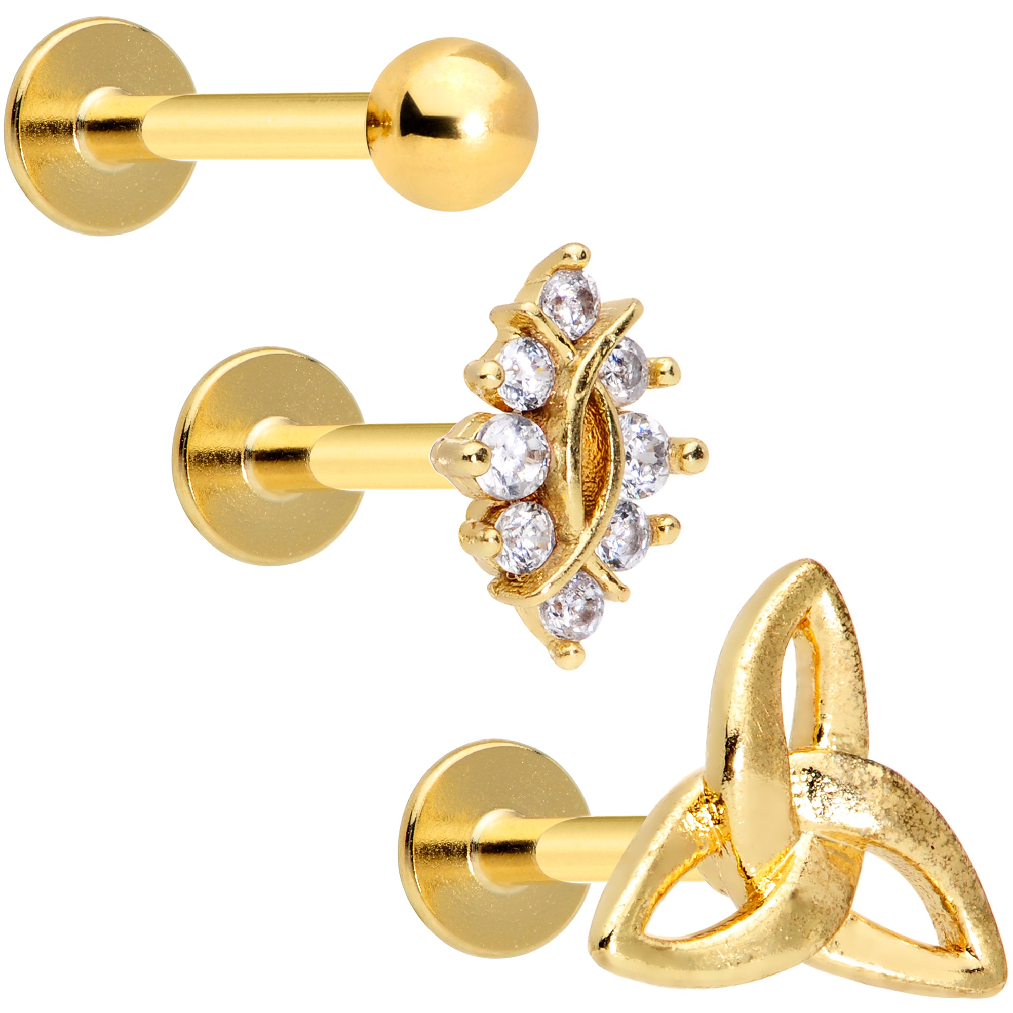 16G 5/16 Clear CZ Gem Gold Tone Triquetra Labret Tragus Set of 3
