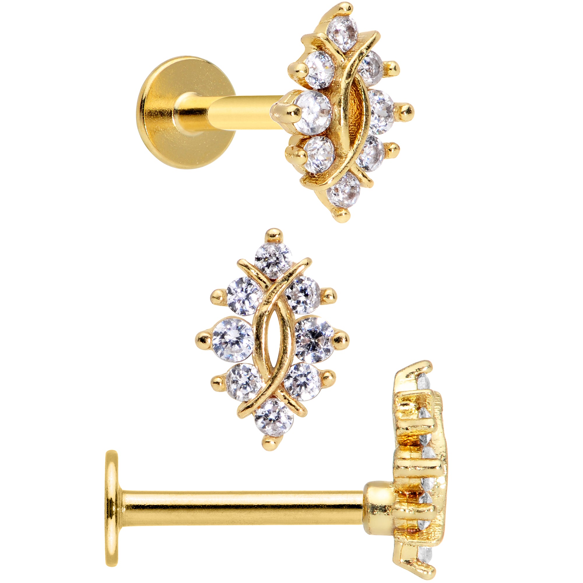 16G 5/16 Clear CZ Gem Gold Tone Triquetra Labret Tragus Set of 3