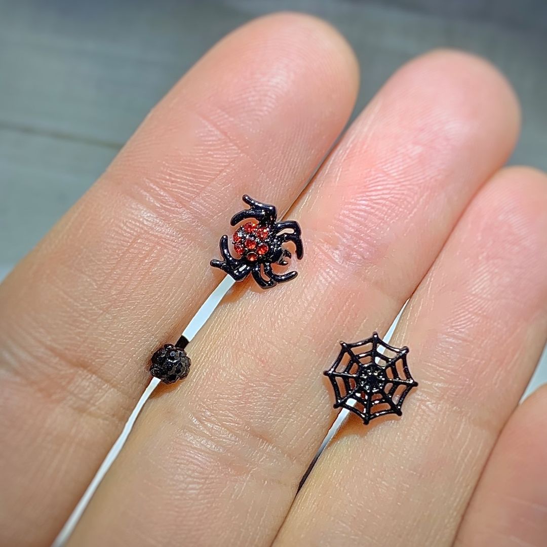 16G 1/4 Black Red Gem Spider Halloween Cartilage Tragus Set of 3