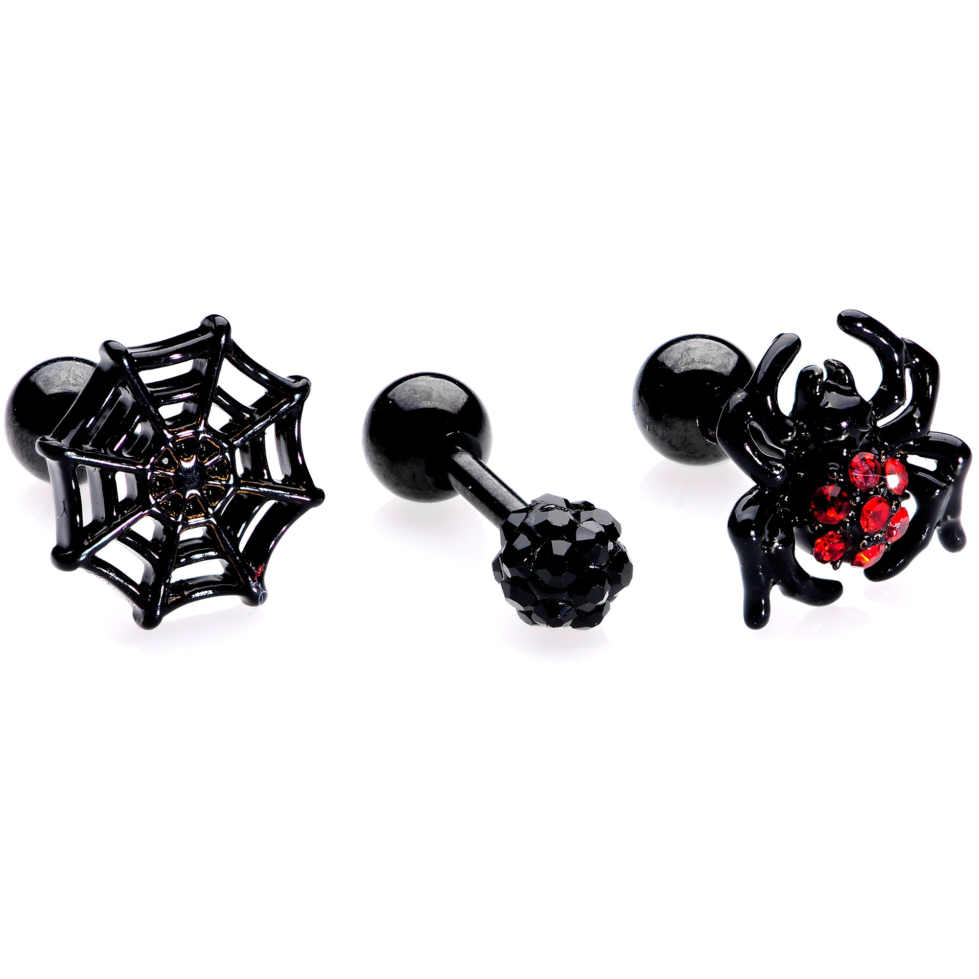 16G 1/4 Black Red Gem Spider Halloween Cartilage Tragus Set of 3