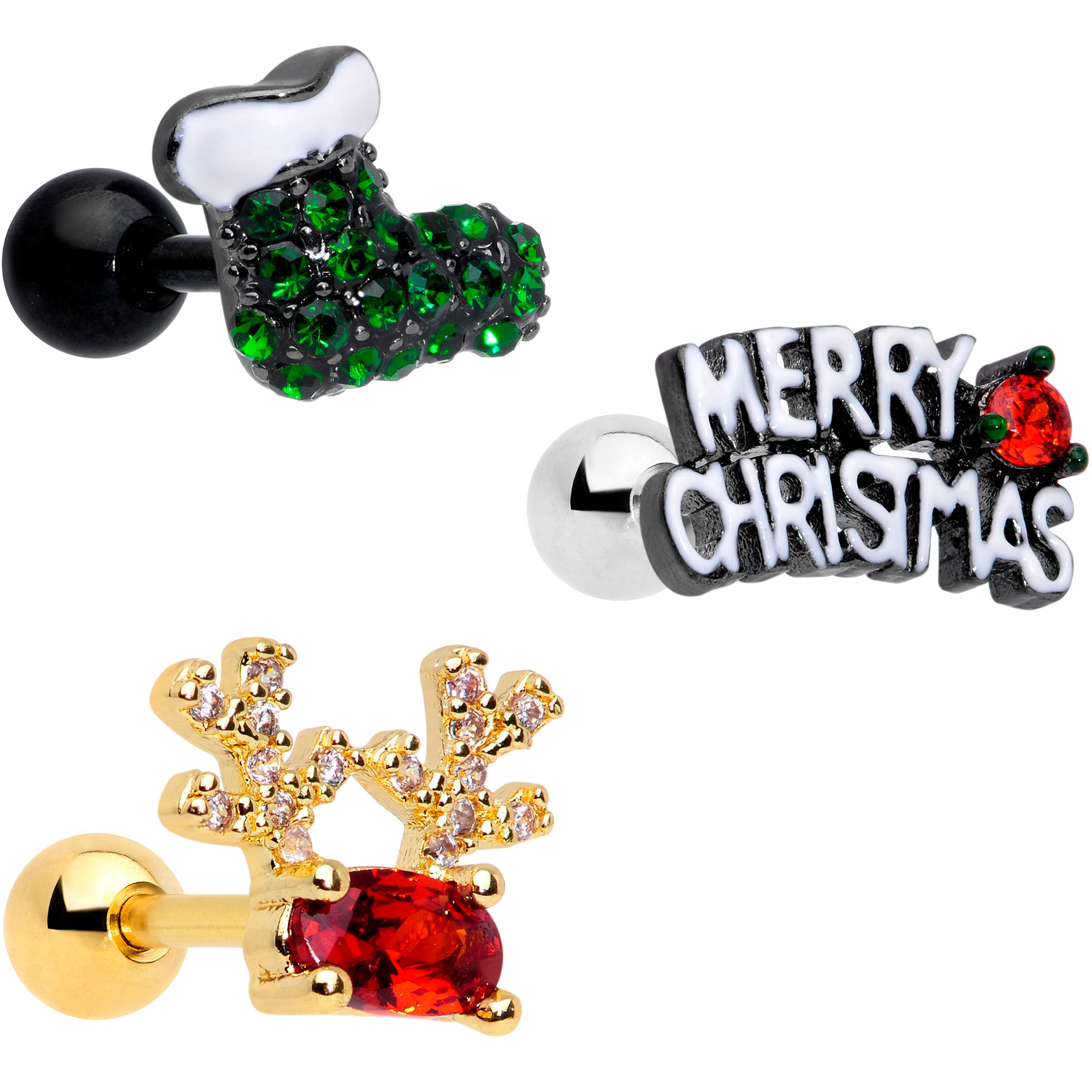 16G 1/4 Red CZ Gem Gold Tone Christmas Cartilage Earring Set of 3