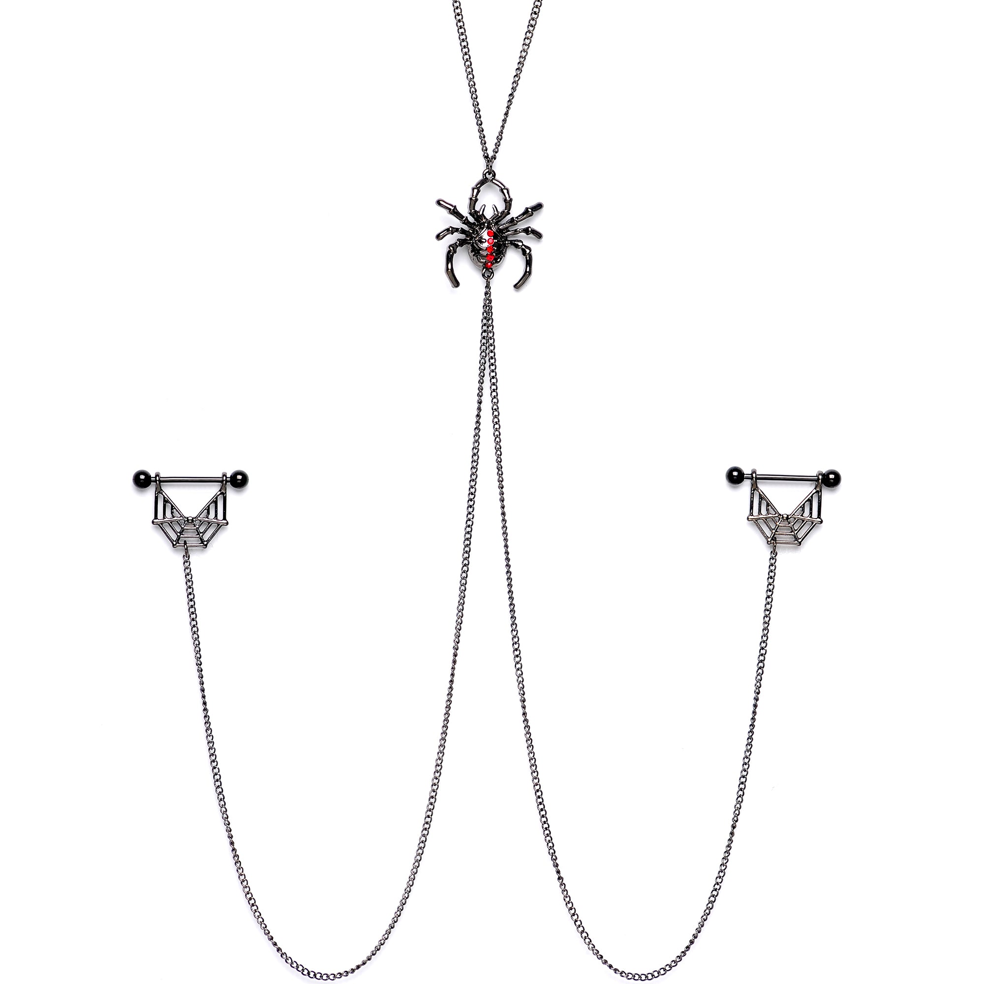 14 Gauge 9/16 Red Gem Black Spider Web Halloween Nipple Chain Necklace