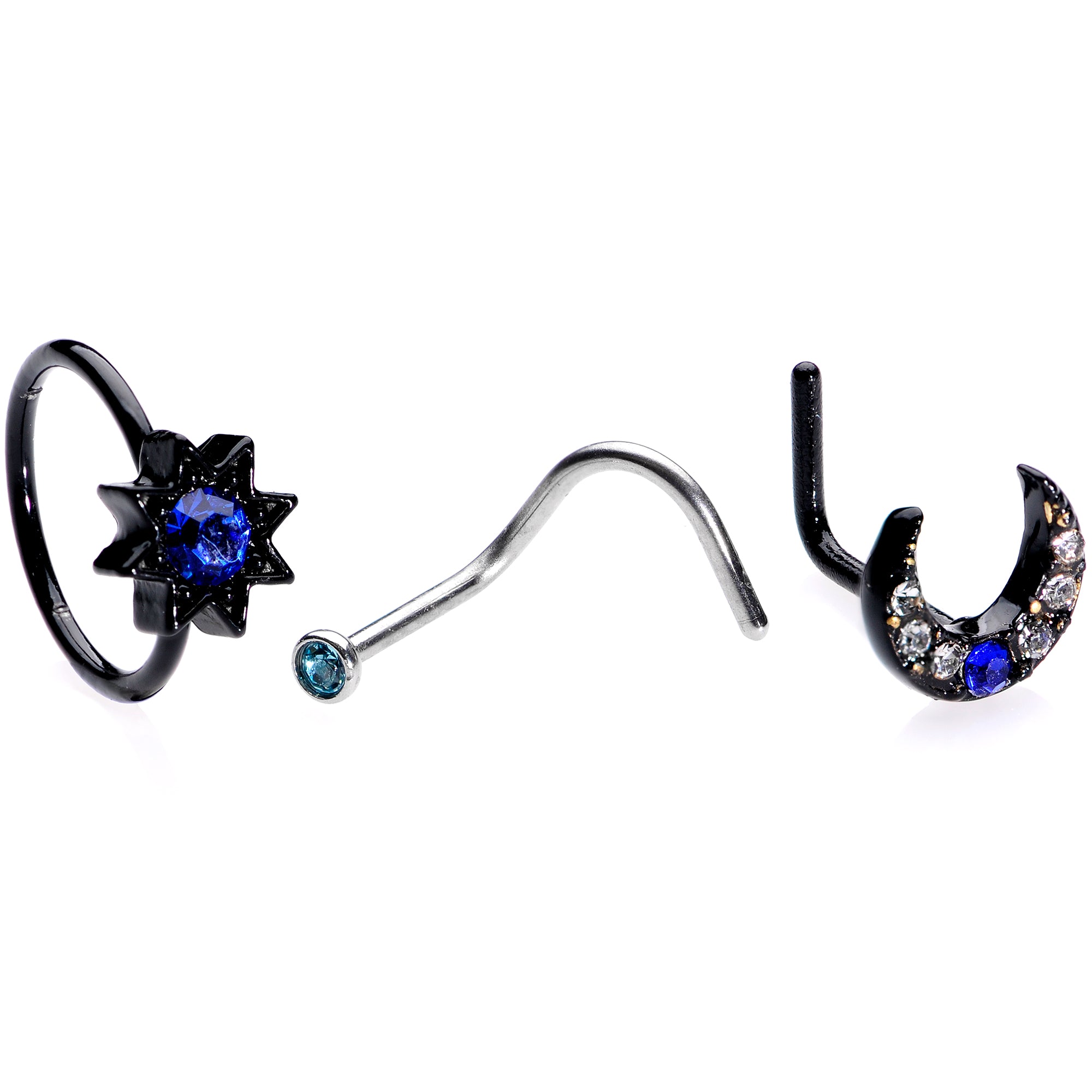 20G 5/16 Blue Gem Black Moon Star Assorted Nose Ring Set of 3