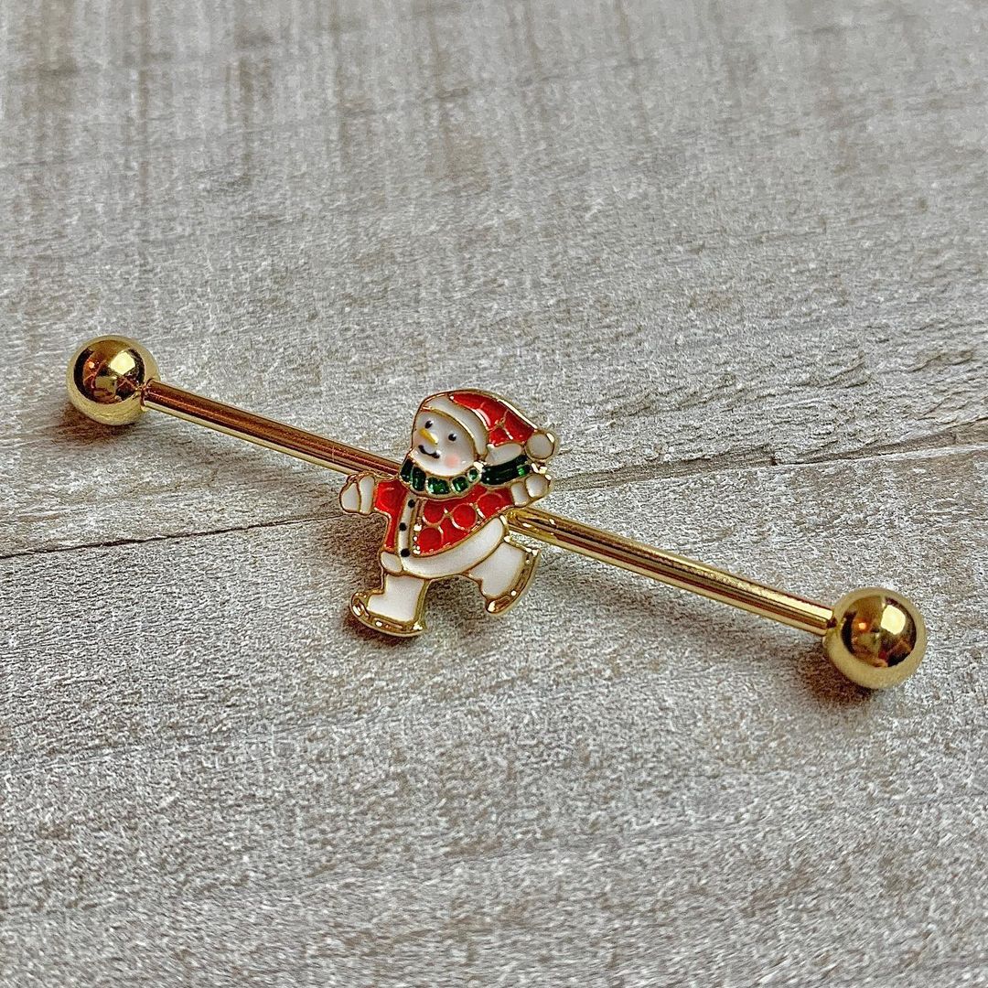14G Gold Tone Skating Snowman Christmas Industrial Barbell 38mm