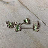 14 Gauge 9/16 Green Gem Lacy Butterfly Barbell Nipple Ring Set