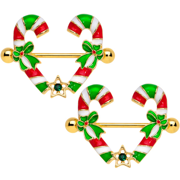 14 Gauge 5/8 Green Gem Gold Tone Candy Cane Christmas Nipple Ring Set