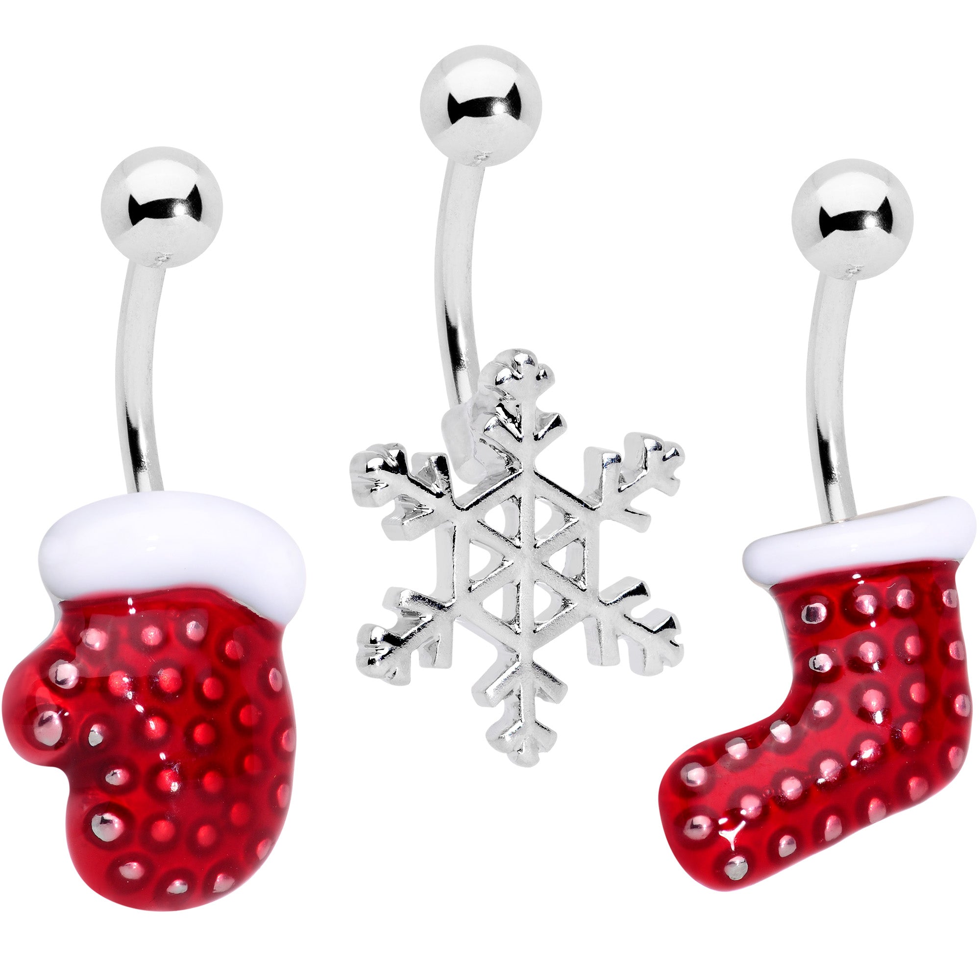 Holiday Snowflake Mitten Stocking Christmas Belly Ring Set of 3