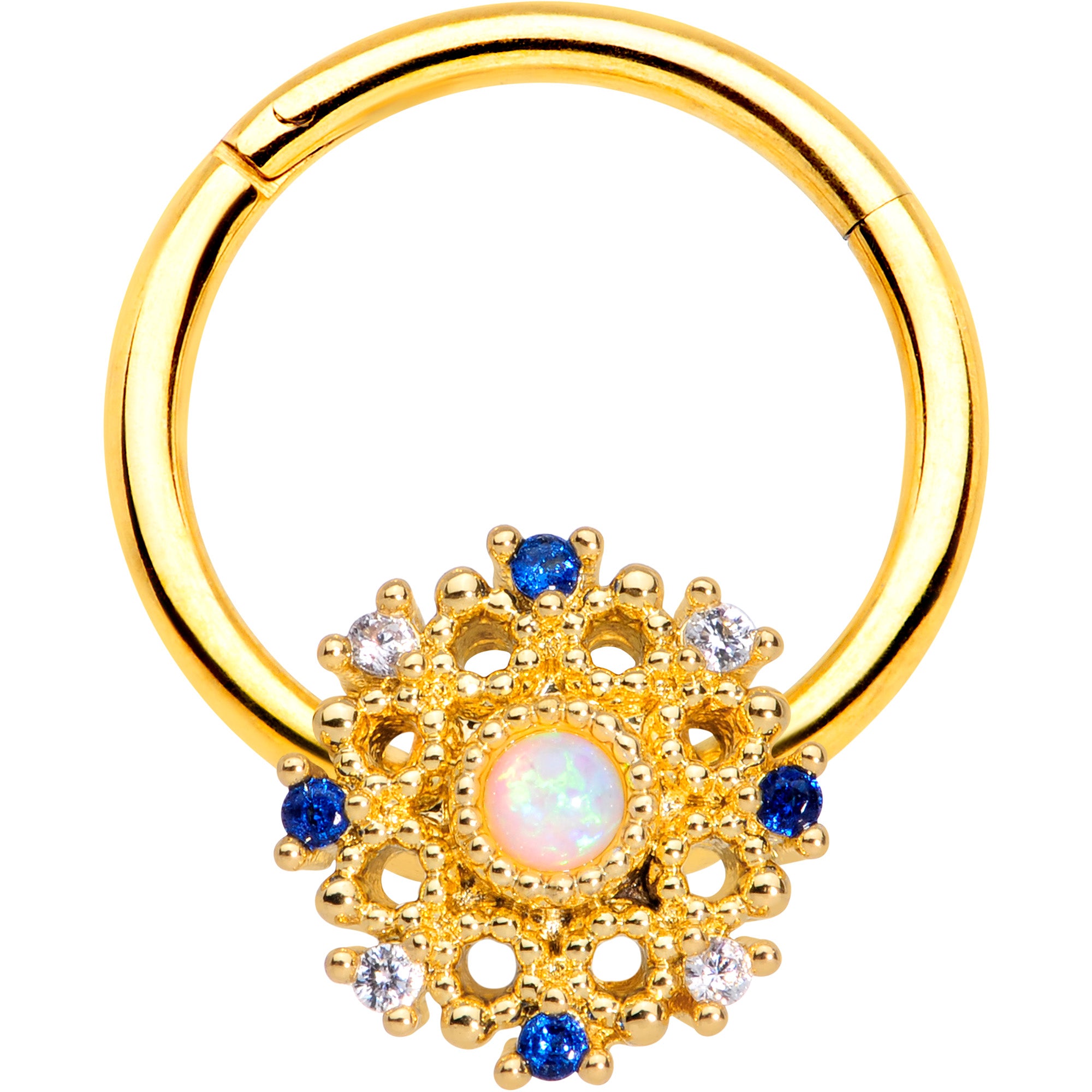 16G 3/8 Gold Tone White Synthetic Opal Sun Hinged Segment Ring