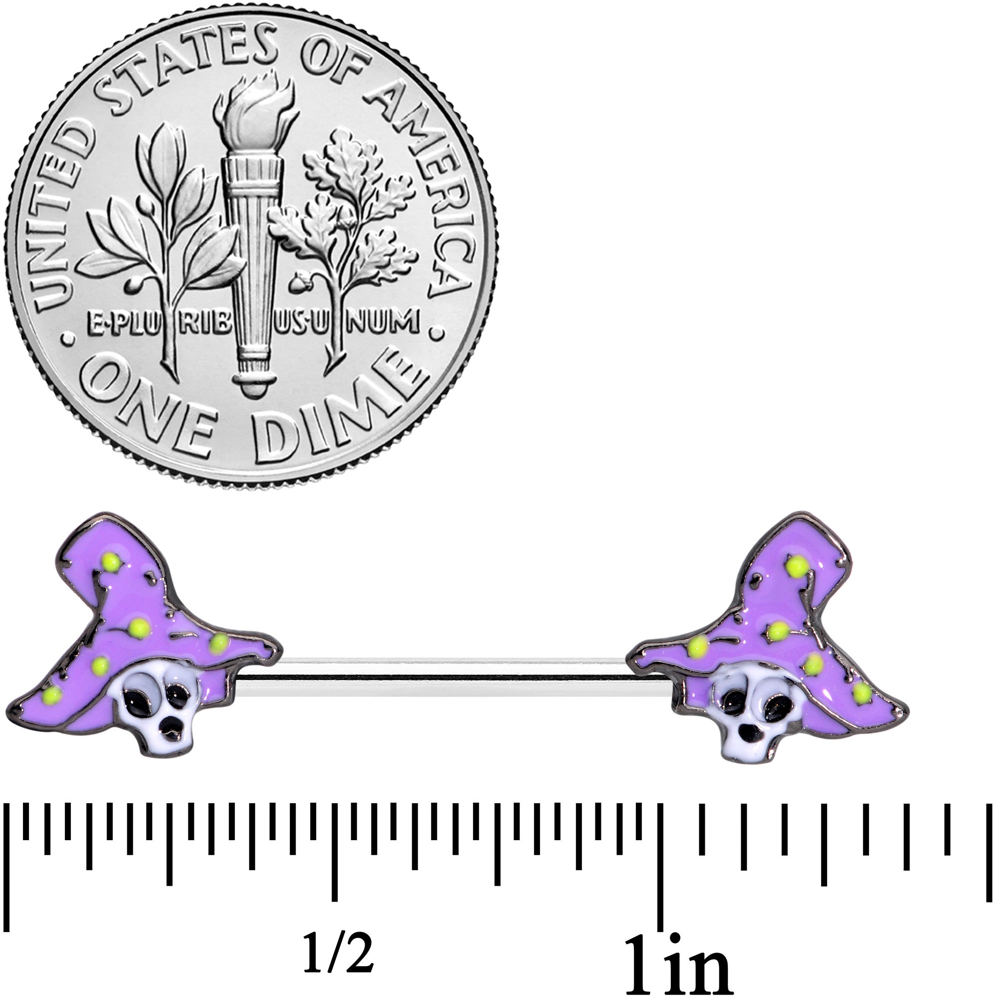 14G 9/16 Skull Purple Witch Hat Halloween Nipple Ring Set