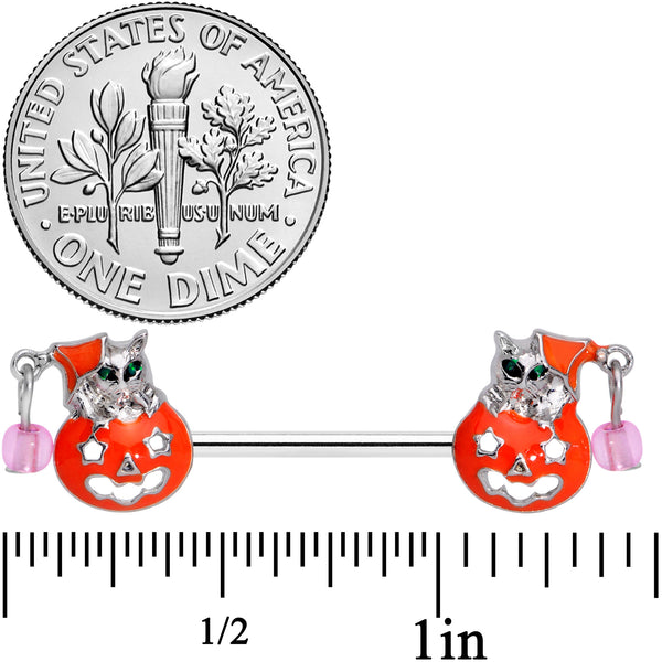 14 Gauge 9/16 Pink Gem Kitty Pumpkin Halloween Nipple Ring Set
