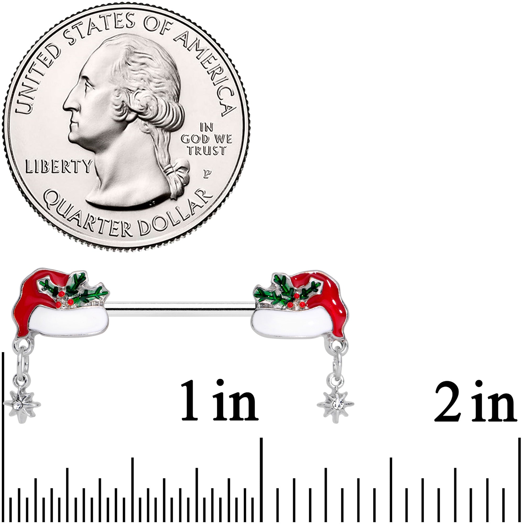 14 Gauge 9/16 Clear Gem Jolly Santa Hat Christmas Nipple Ring Set