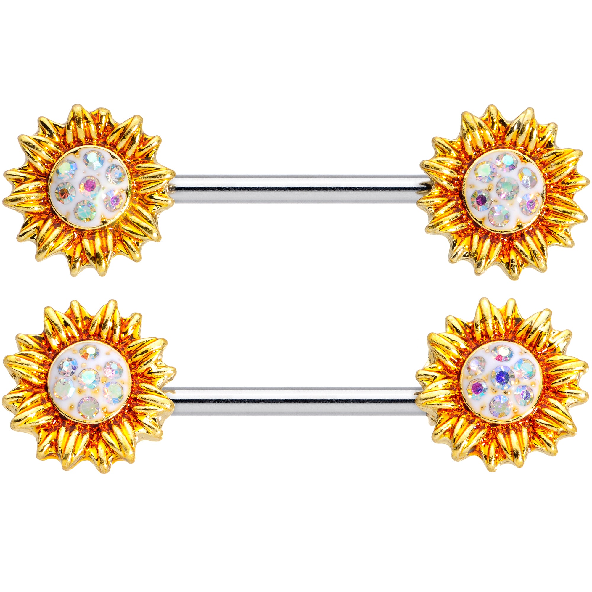 14 Gauge 9/16 Aurora Gem Scintillating Sunflower Nipple Ring Set