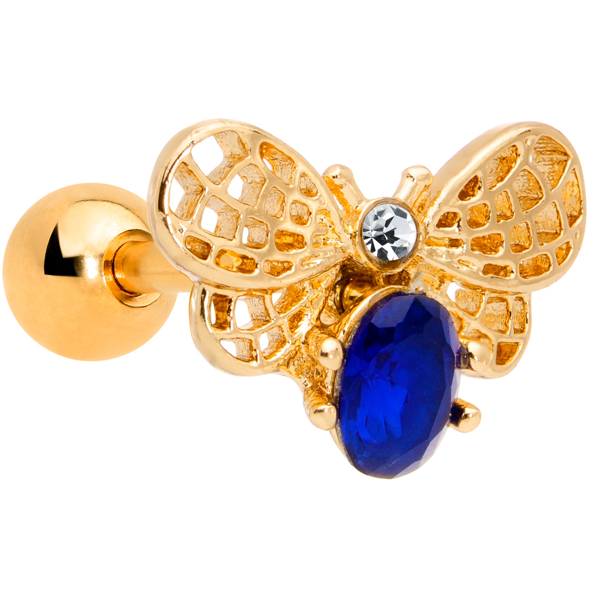 16G 1/4 Blue Gem Gold Tone Beautiful Bee Cartilage Tragus Earring