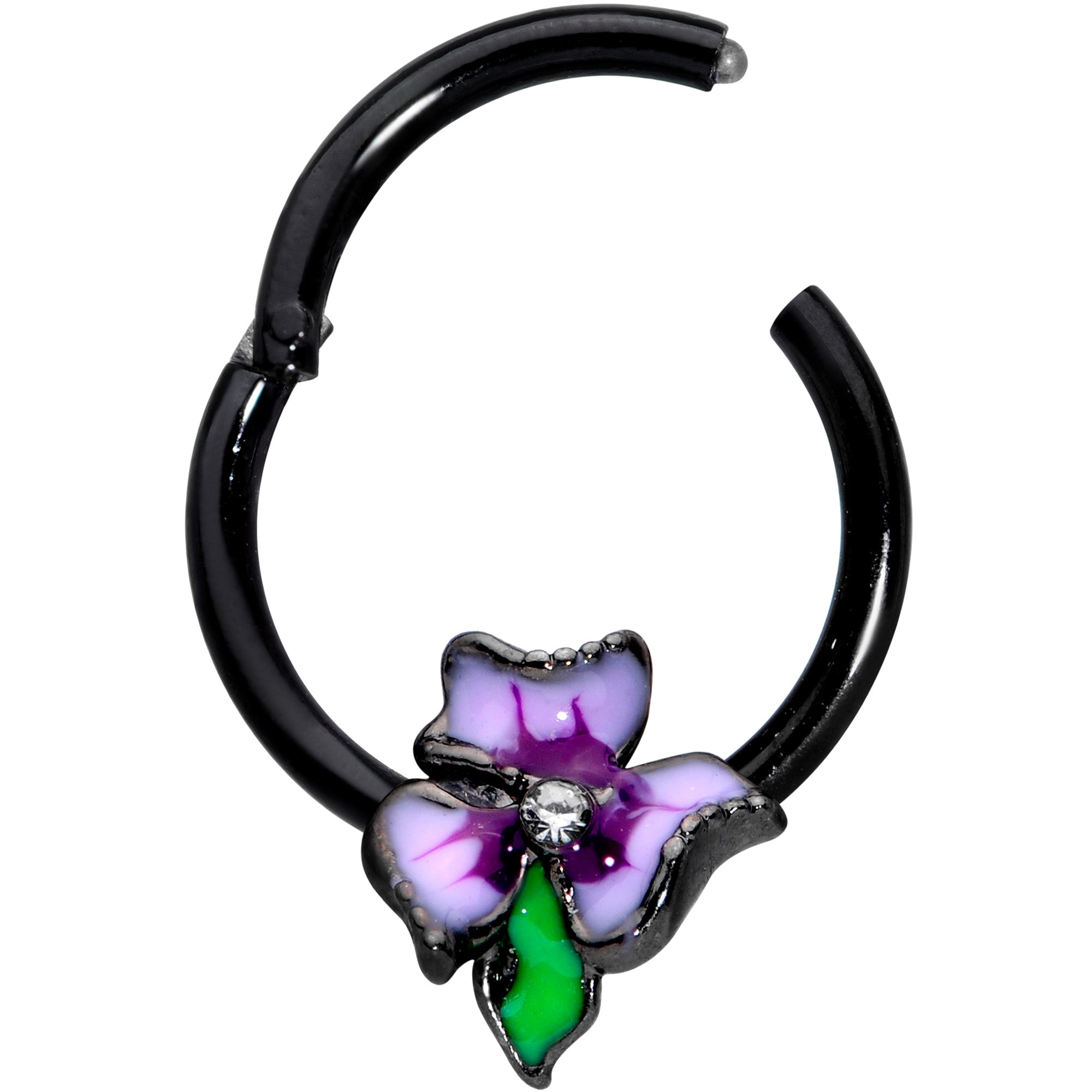 16G 3/8 Clear CZ Gem Black Purple Iris Flower Hinged Segment Ring