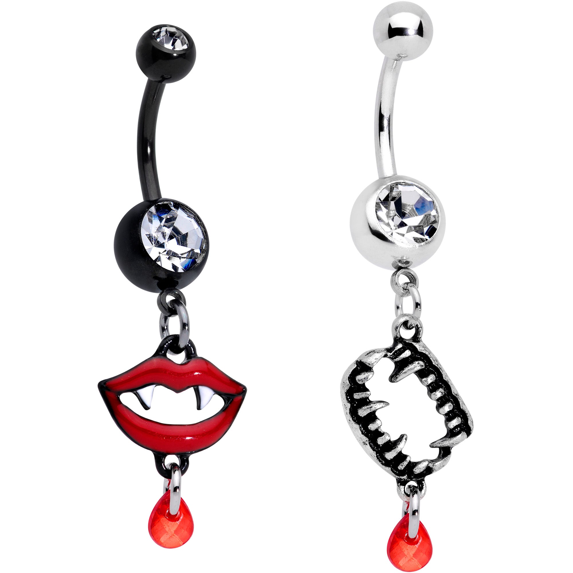 Clear Red Gem Black Vampire Fang Halloween Dangle Belly Ring Set of 2