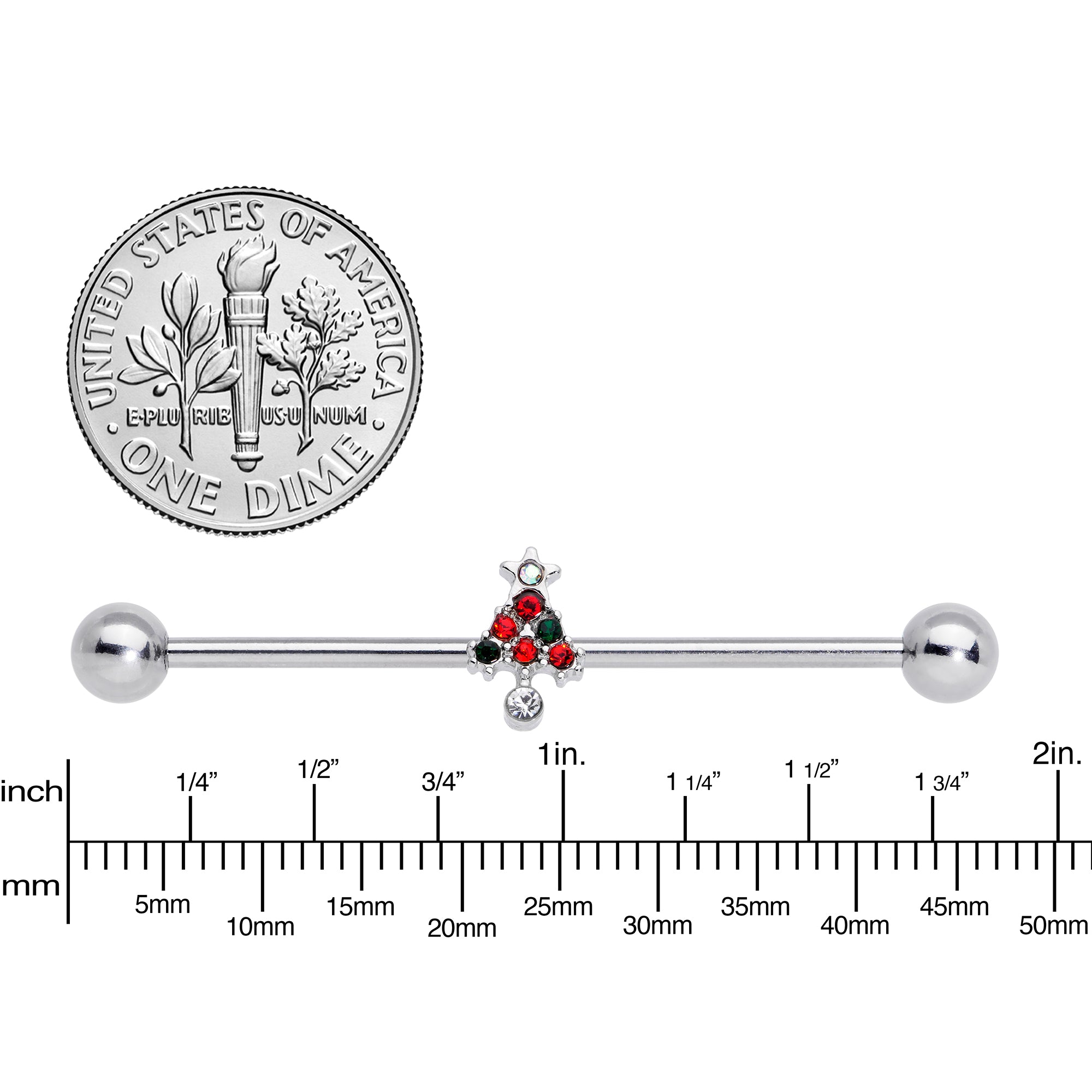 14G Clear Red Green Gem Christmas Tree Industrial Barbell 38mm