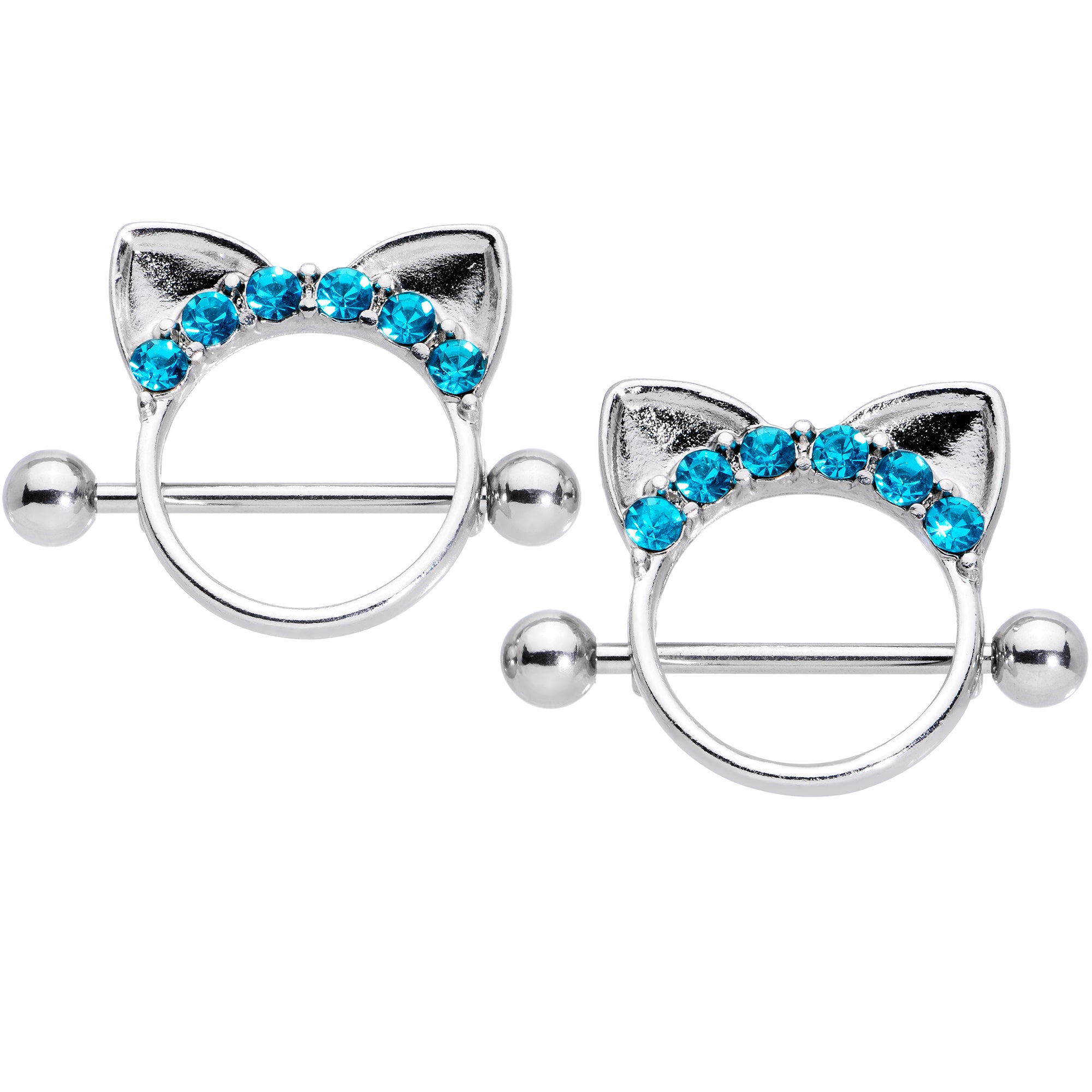 14G 9/16 Aqua Gem Kitty Cat Ears Nipple Shield Set